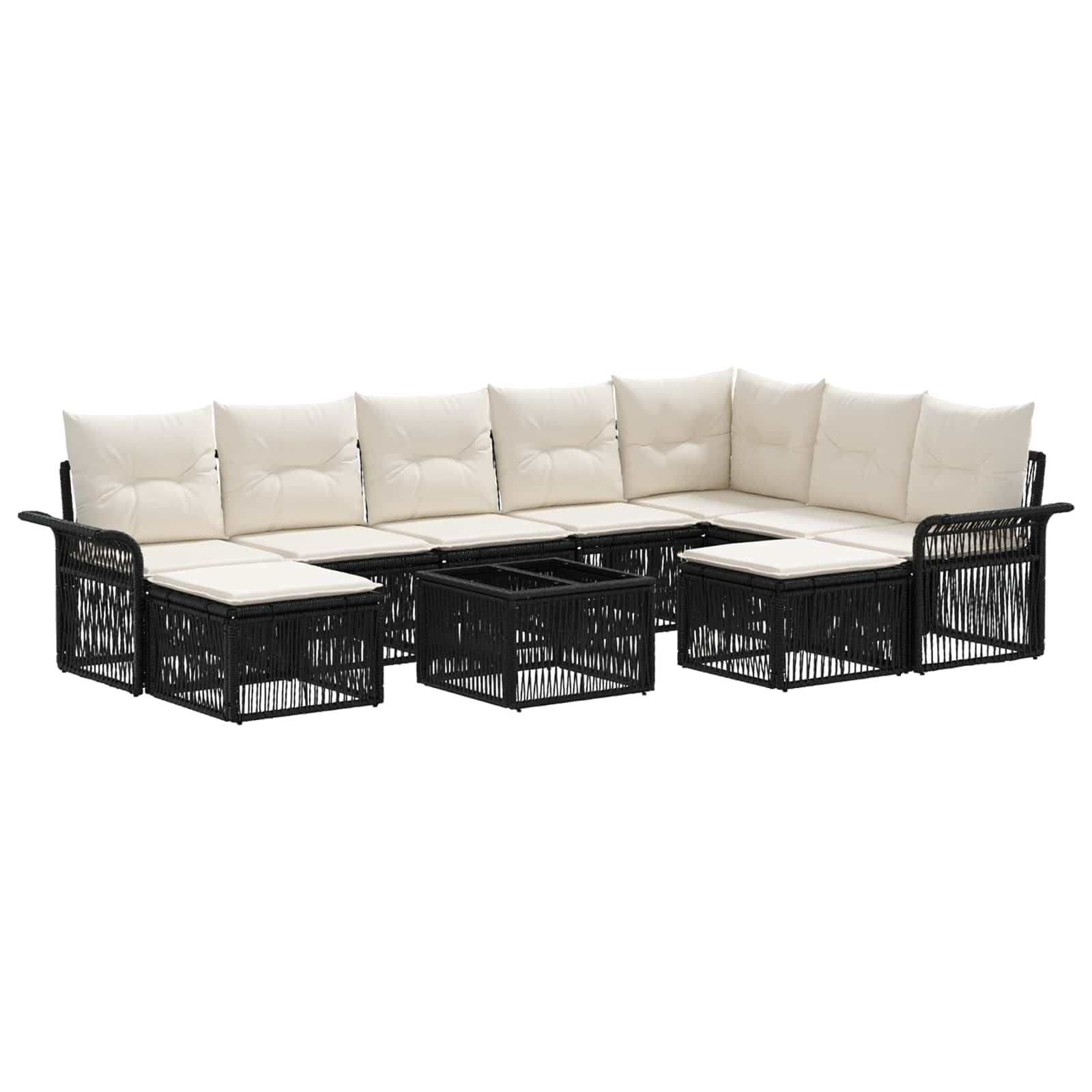 Set di divani da giardino in polyrattan, 10 pezzi, colore nero | Set di mobili modulari per terrazza e giardino con 9 posti, federe facili da pulire e robusto telaio in acciaio.