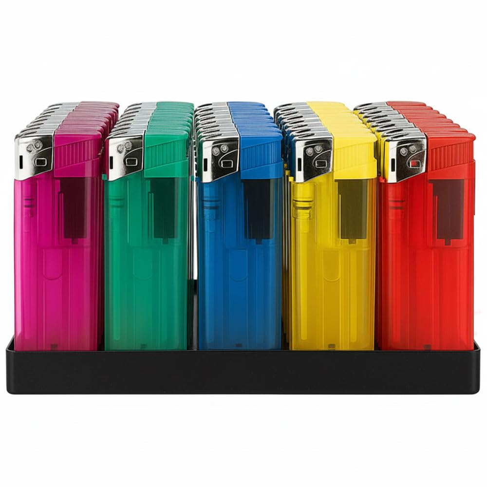 OBD 50 x Multipack Electronic Lighters Windproof Adjustable Flame Lighter Refillable With Child Safe Lighters for Candle Home Kitchen BBQ Lighter for Outdoor Use (Assorted Colour)