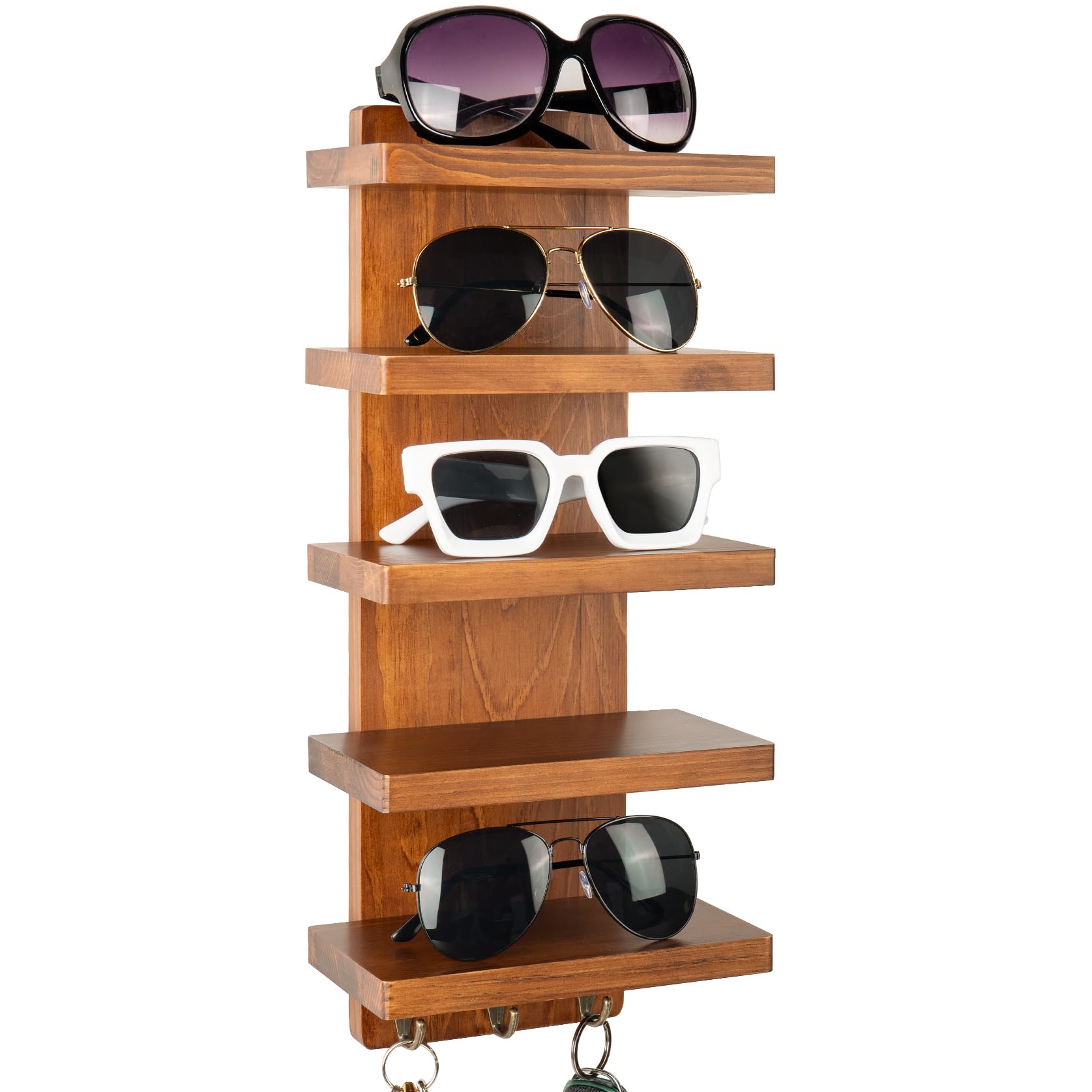 Sonnenbrillen-Organizer zur Wandmontage, 5-stöckiges Holzregal für Brillen und Sonnenbrillen, Brillenaufbewahrung, Display Regal mit Schlüsselhaken für Eingangsbereich, Wohnzimmer oder