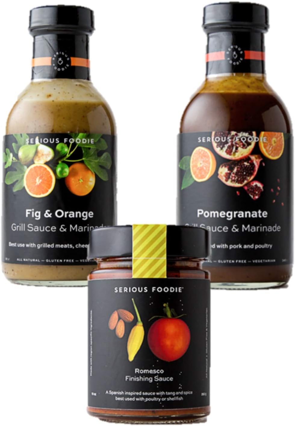 The Serious Foodie Sampler Pack - European Flavors: Fig & Orange Grill Sauce & Marinade, Romesco Finishing Sauce, Mediterranean Pomegranate Sauce