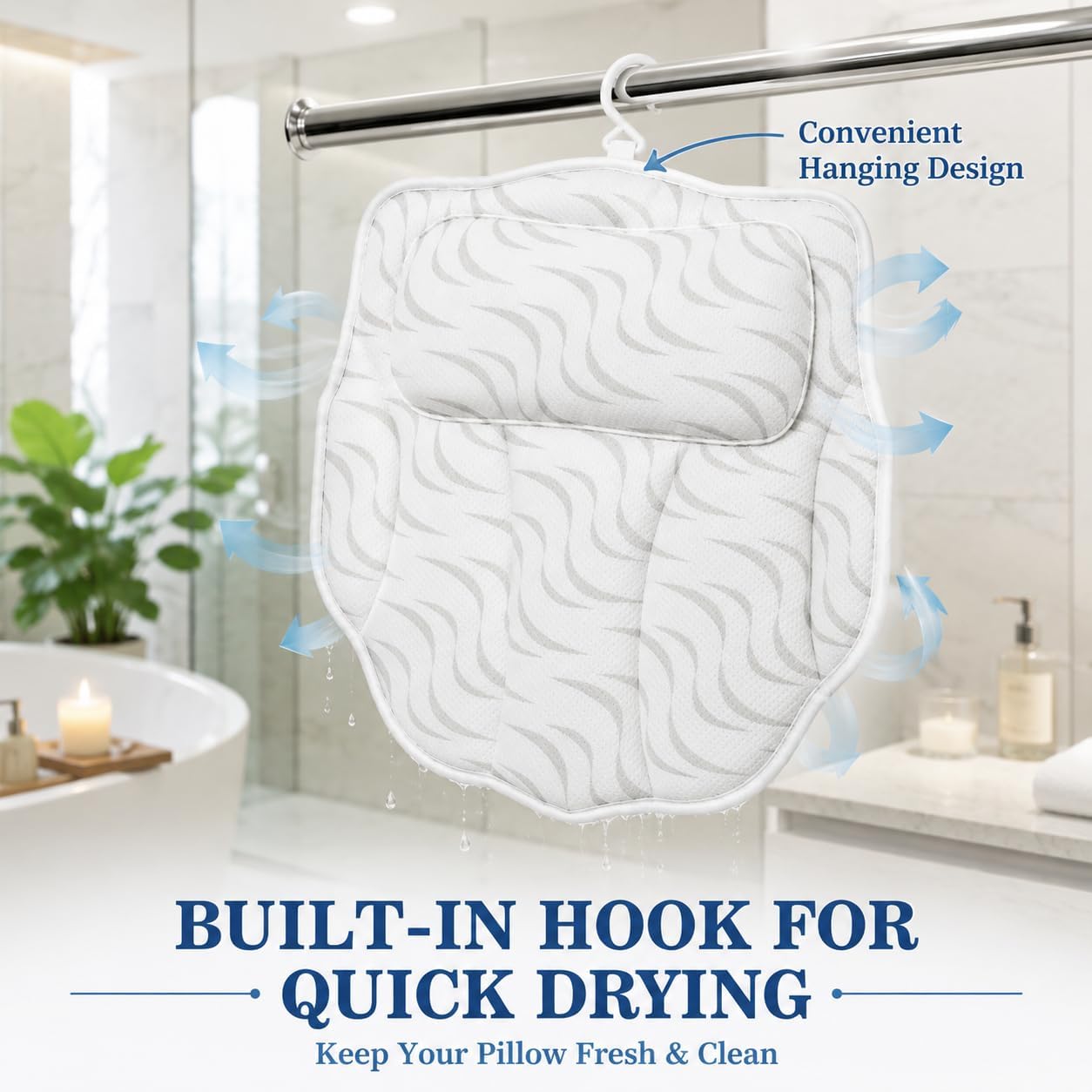 Wavy 4D Air Mesh Bath Pillow for Tub Neck and Back Support | Includes 6 anti-slip suction cups and a built-in hook for quick drying. Excellent ergonomic spa accessories gift for adults.