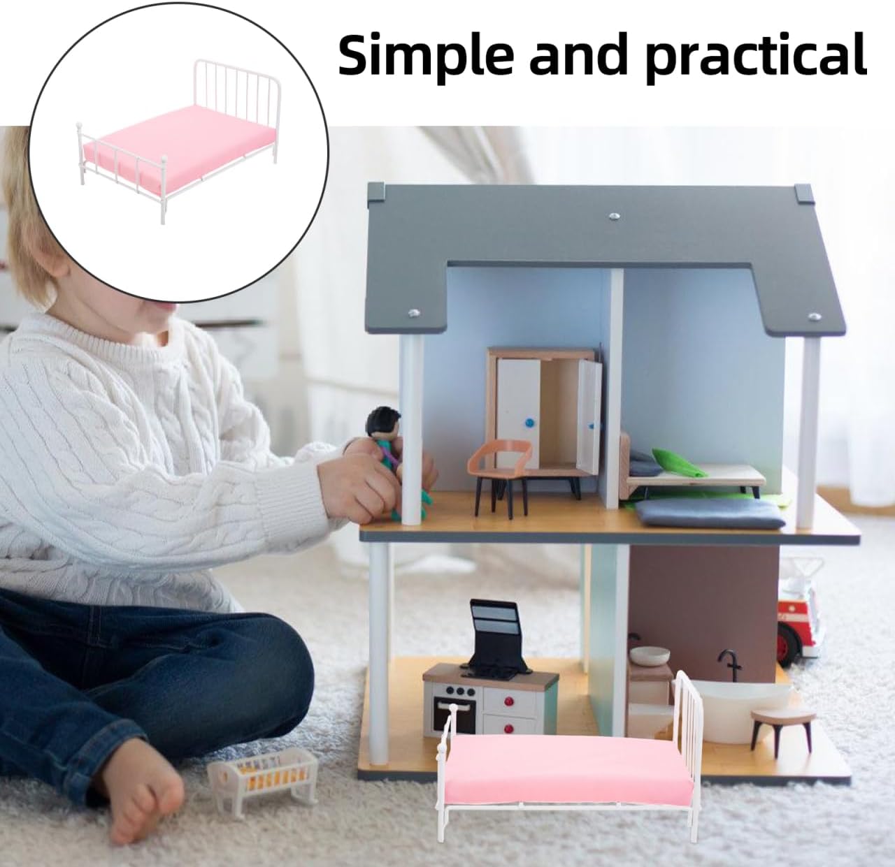 Totority 1/12 Scale Dollhouse Bed with Mattress Miniature Vintage Frame Small Doll Bed Furniture for Dollhouse Bedroom Decor and Creative Play Accessories - Image 2