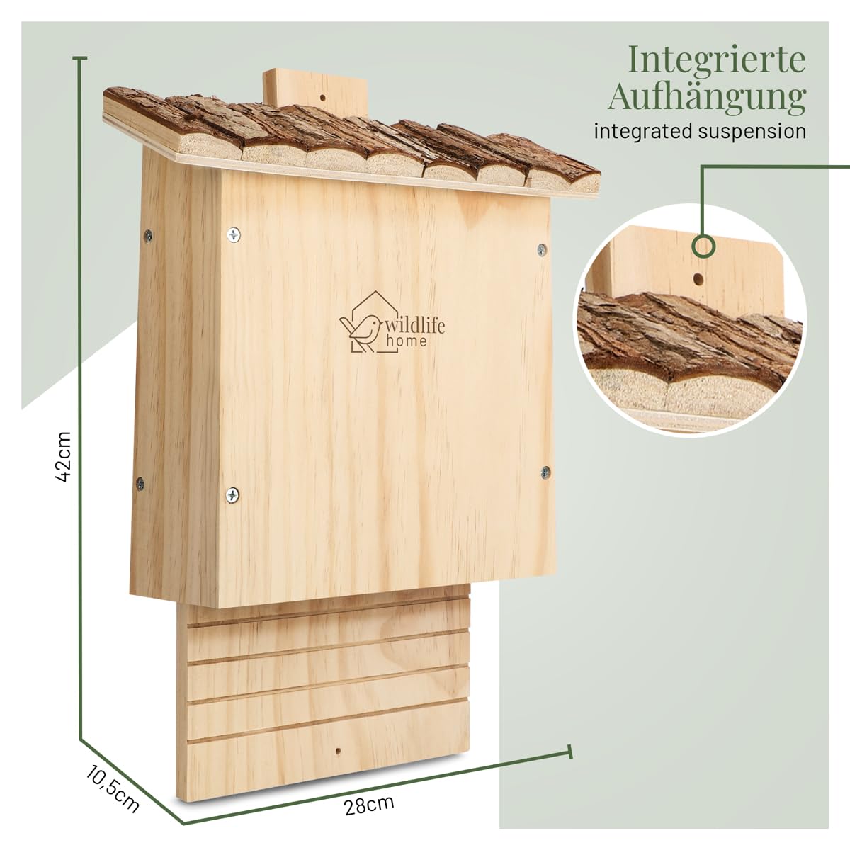 WILDLIFE HOME NABU - Caja para murciélagos pesada grande con tejado de corteza (montado y 100% resistente a la intemperie, atornillado, casa de murciélagos y nido, para verano e invierno)