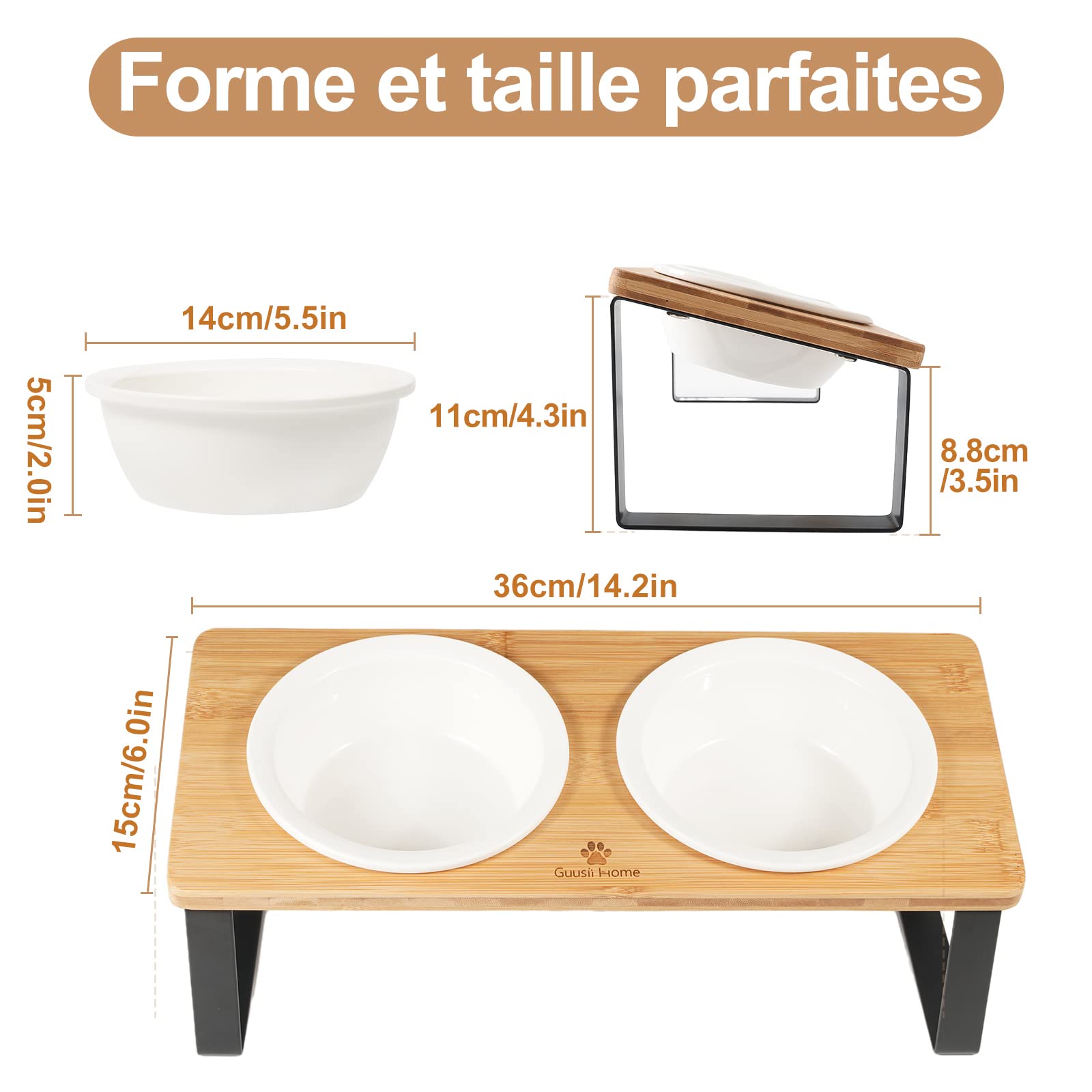 GUUSII HOME Gamelle Chat Surélevée Anti Vomissement 15° Incliné avec 2 Bols Céramique 14cm