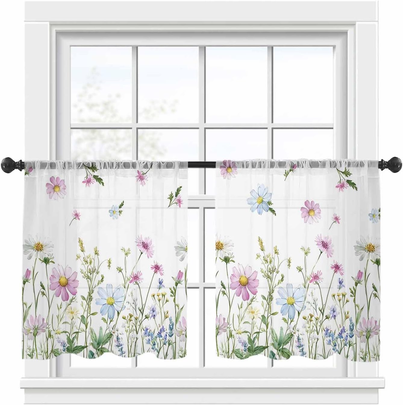 Spring Flower Floral Semi Sheer Curtains, 54 inch Length, Colorful Floral Summer Window Treatments, Light Filter Curtains Rod Pocket Drapes for Living Room, Bedroom, Kitchen, Home Decor, 2 Panels