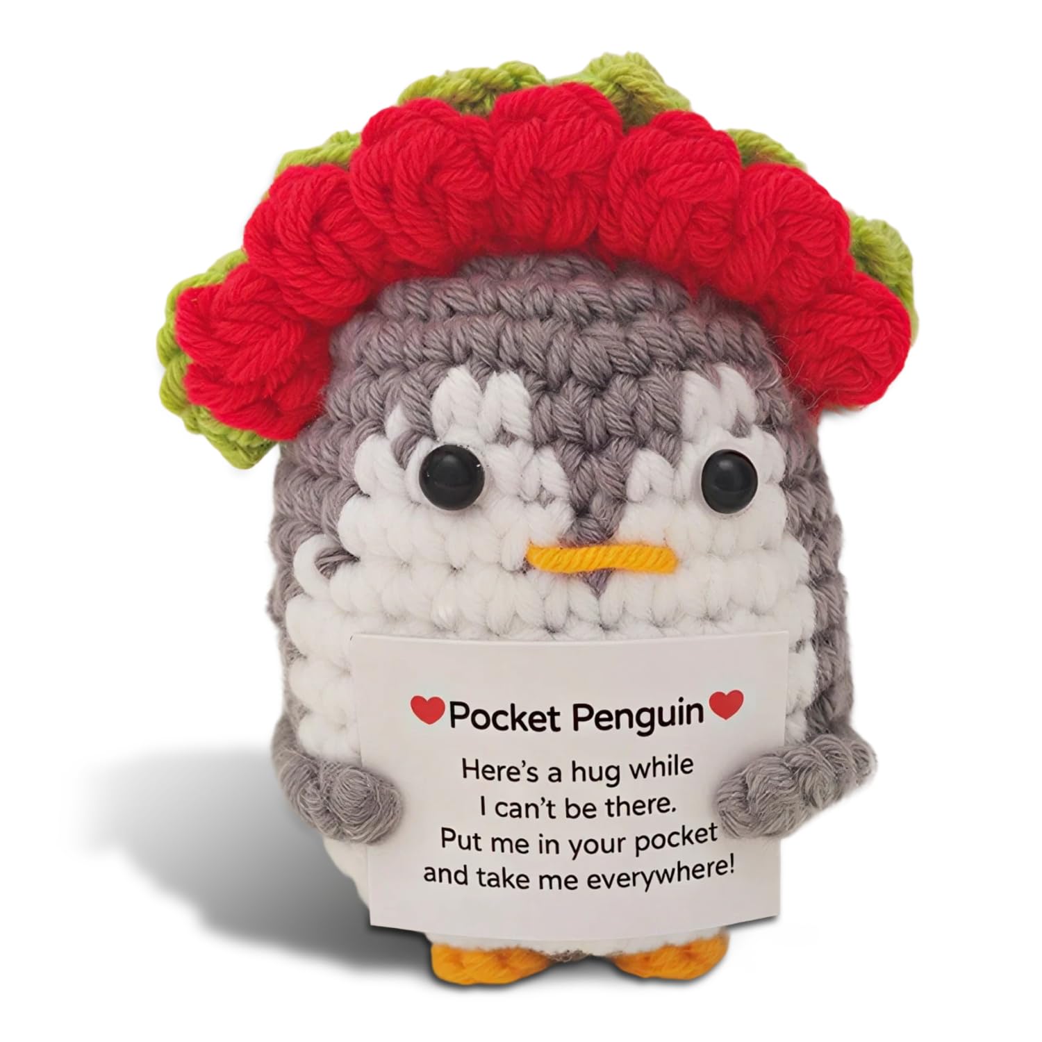 Aurelx Positive Penguin, Positive Gifts with Hairpin Flower Design, Wool & Cotton Emotional Support Crochet, Crochet Animals with Message for Friends, Coworkers, Loved Ones
