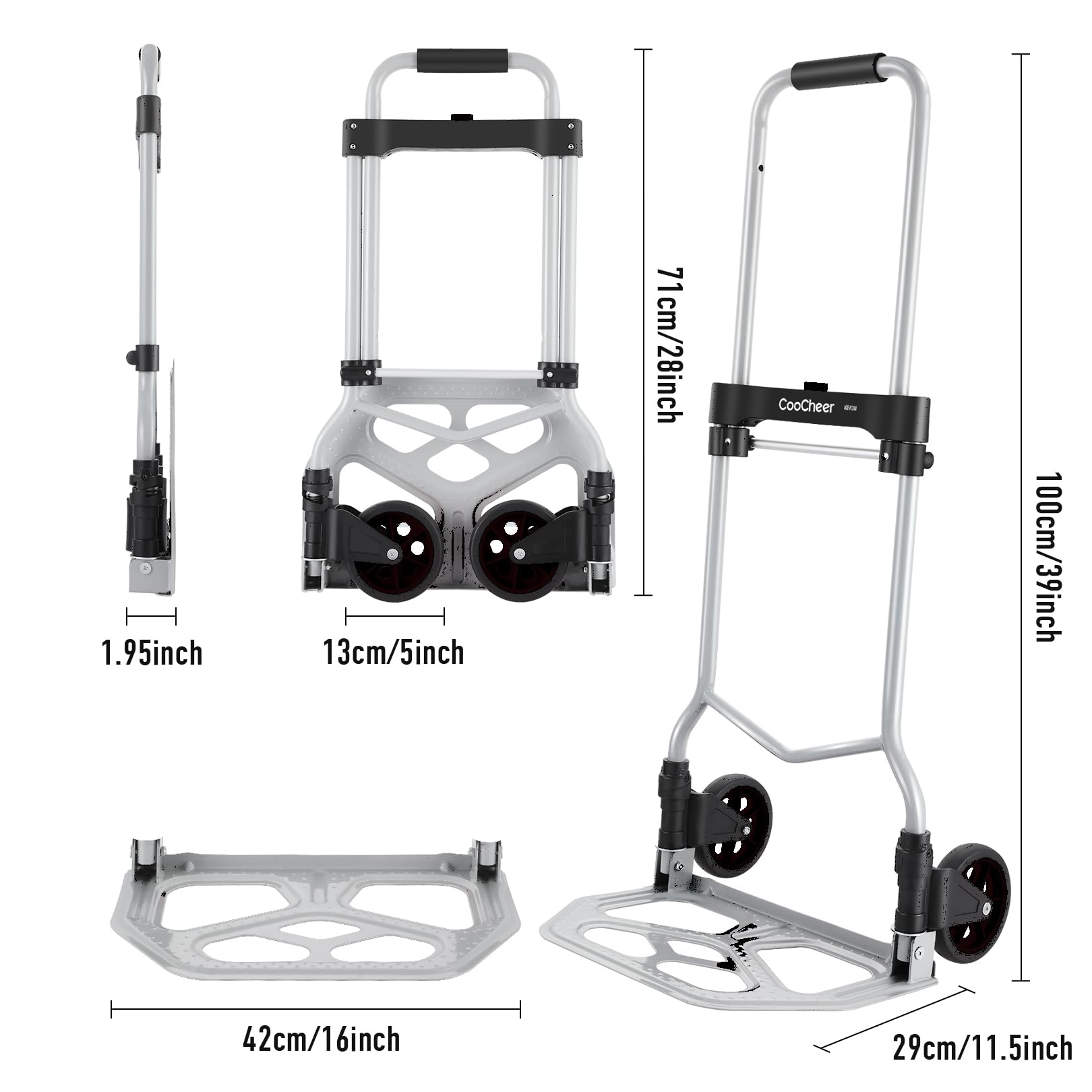 COOCHEER Diable Pliable Charge 120kg, Chariots de manutention 2 Roues avec Poignée Télescopique en Aluminium