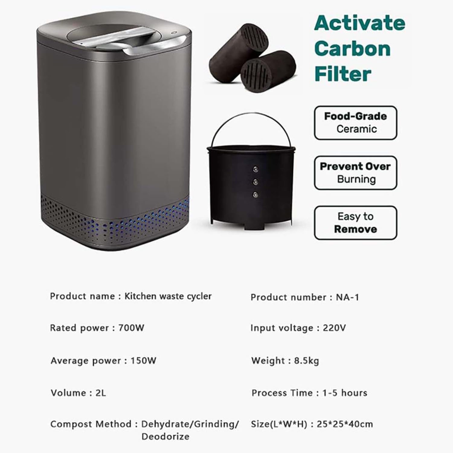 Qiang Compostador De Cocina Inteligente para Residuos De Cocina,Triturador De Residuos De Alimentos Eléctrico con Diseño De Un Solo Botón,Ciclador Automático De Alimentos con Filtro De Secado
