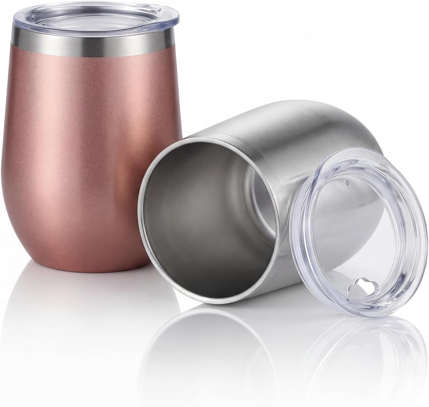 Skylety 2 Pcs 12 oz Insulated Wine Tumbler with Lid, Double Wall Vacuum Stainless Steel Cups for Wine, Coffee, Cocktails, Insulated Travel Mug for Cold & Hot Drinks (Rose Gold, Silver)