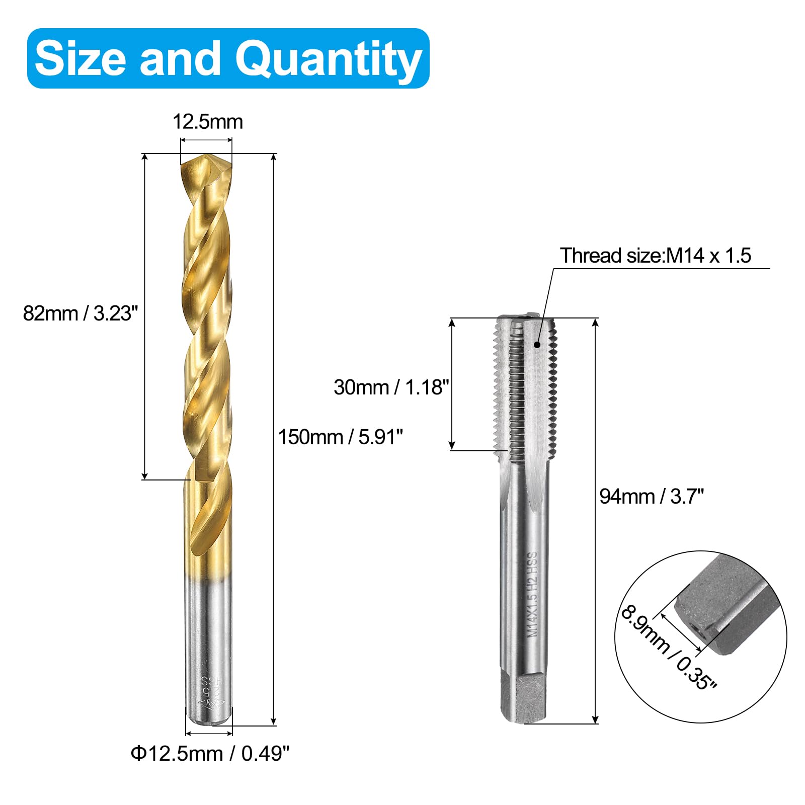 QUARKZMAN Set di Punte e Maschi per Filettare, Maschio M14 x 1.5 Metrico a Flauto Dritto & Punte da Trapano da 12.5mm, HSS-6542 Non Rivestito/Rivestito in Titanio