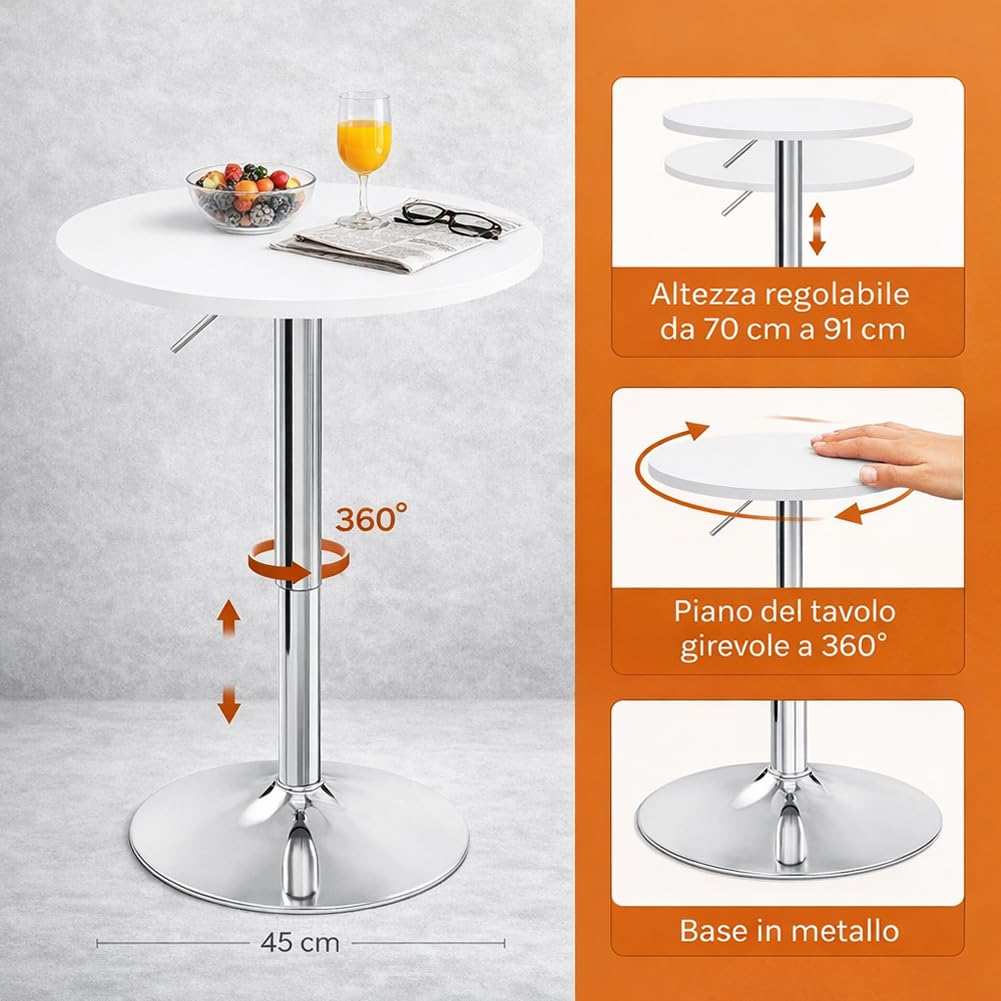 BAKAJI Tavolo da Bar Girevole Rotondo con Altezza Regolabile da 70 a 91 cm, Tavolino Alto Tondo per Ristoranti con Diametro Piano 60 cm, Struttura in Metallo Cromato Ideale per Soggiorno, Bianco