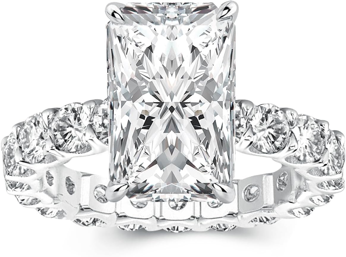 3.5CT Radiant Cut Moissanite Engagement Ring for Women, D Color VVS1 Lab Created Moissanite, 18K White Gold Plated S925 Sterling Silver Eternity Ring with 3mm Moissanite Band