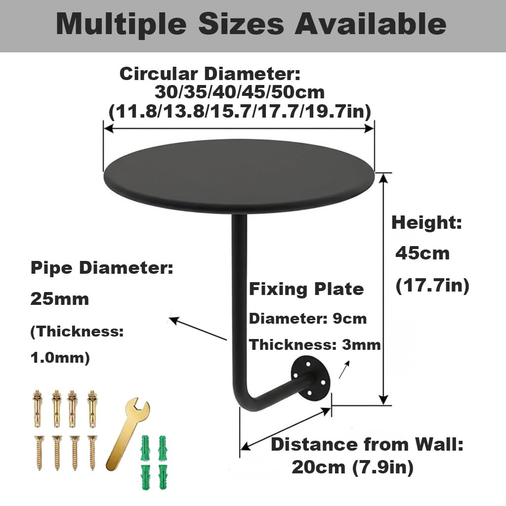 Mesa Flotante de Pared Redonda, Mesa Auxiliar de Hierro para Espacios Pequeños con Soporte en L, 30-50cm Escritorio Compacto de Pared, Mesa de Café y Bar Suspendida, Impermeable(Champagne,50cm)