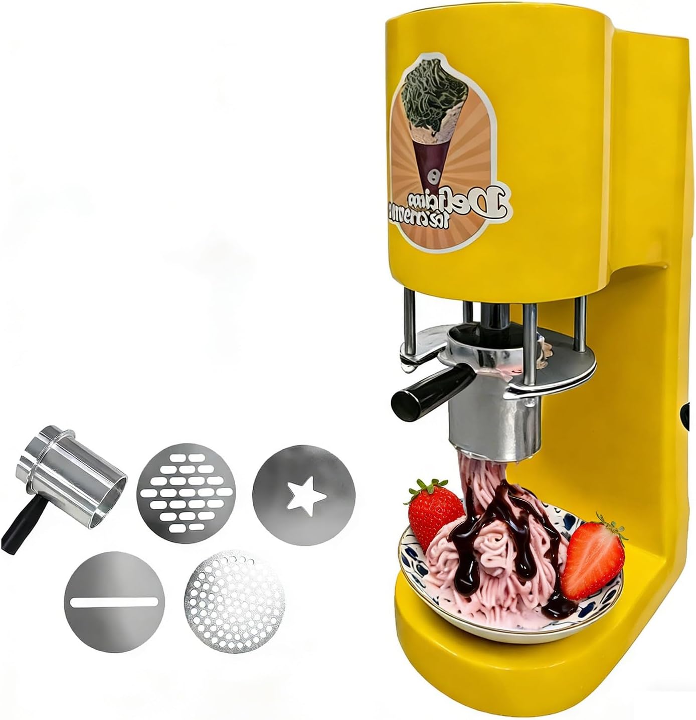 Professional Spaghetti Ice Cream Maker with 4 Interchangeable Noodle Molds,Spaghetti Press Ice Cream Maker, 28-30L/H Output for Ice Cream Store, Bars, Cafes, Restaurant, Snack Bar(Yellow)