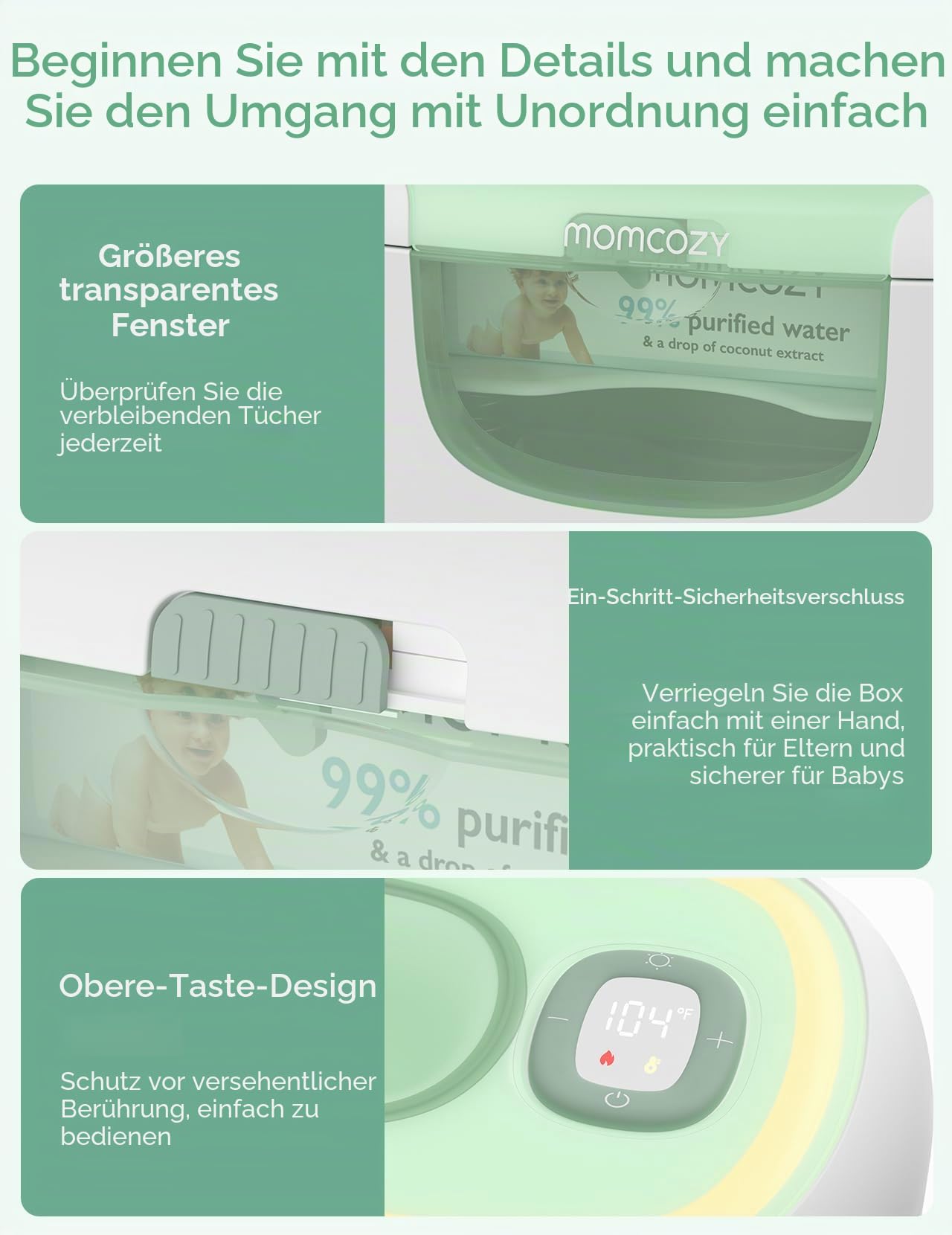 Momcozy Baby-Tücherwärmer, 100 Stück, größeres Fassungsvermögen, 10 Minuten schnelles Aufheizen mit 4 Temperaturmodi, innovatives Feder-Design, Silikon und obere Dichtungen, schnelles gleichmäßiges