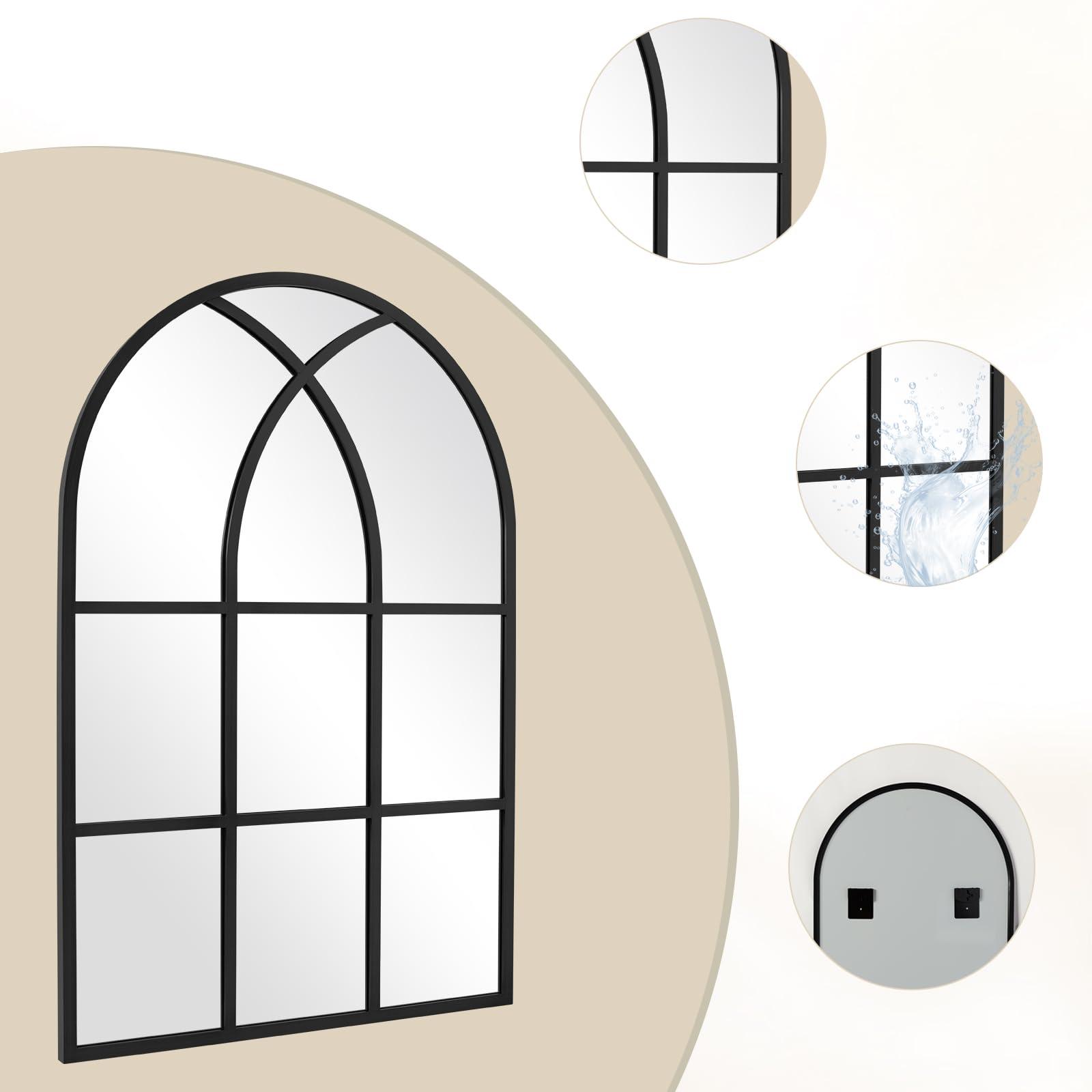 Reflix Miroir cintré, 75 x 120 cm, Miroir mural pour jardin et extérieur, style antique, miroir cintré gothique avec cadre en aluminium, pour couloir, salon, chambre à coucher, entrée, Noir