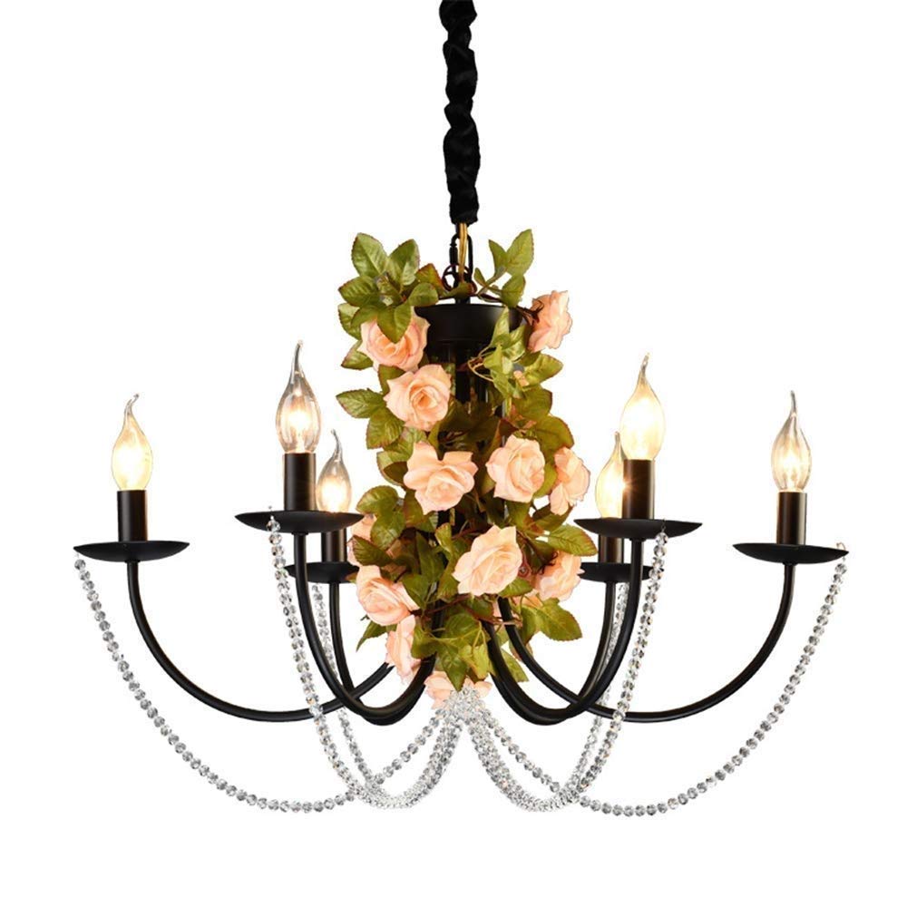 Lustre rustique 6 lumières en fer forgé noir pour éclairage de plafond