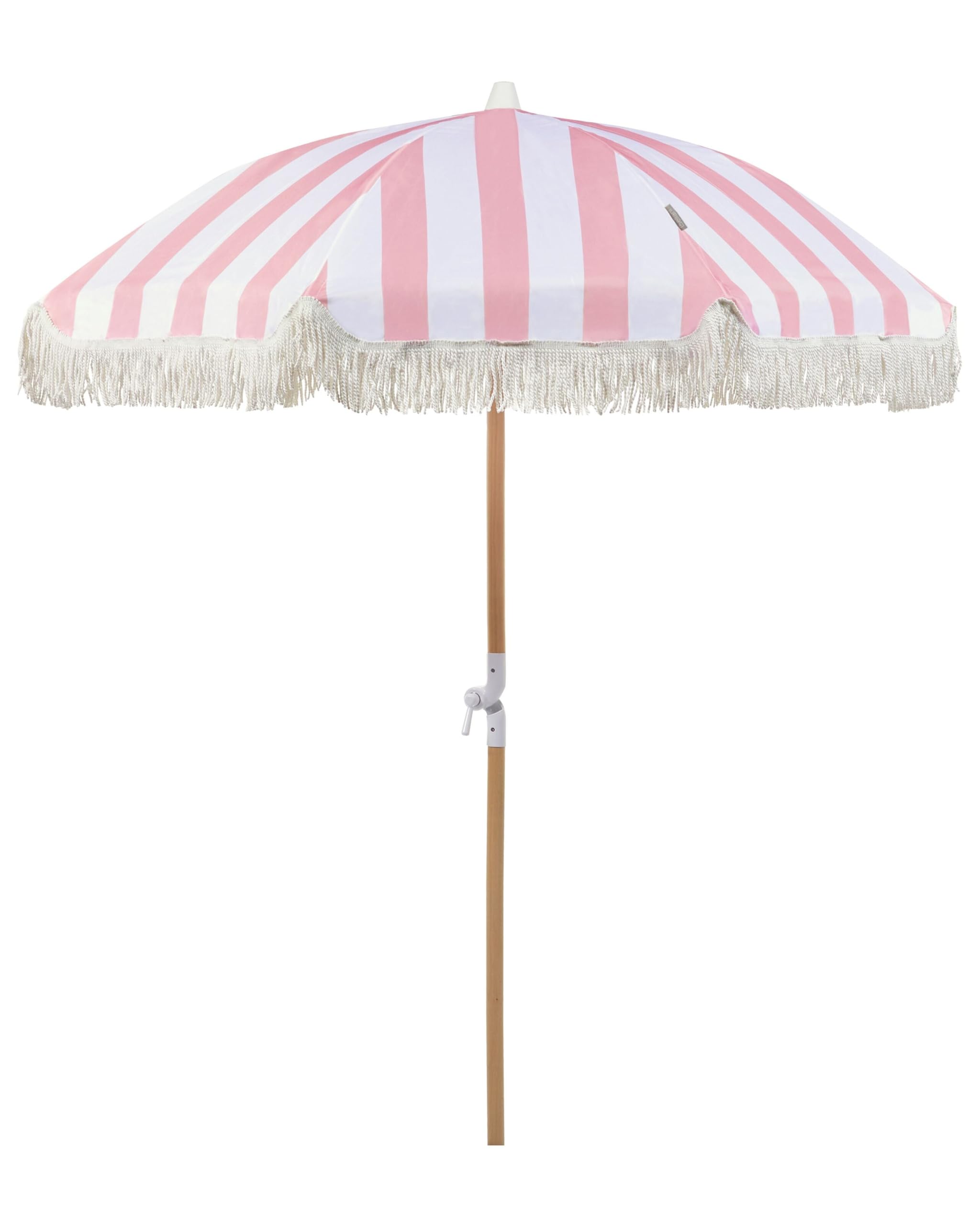 Beliani Parasol de Jardin Rétro ⌀ 150 cm Mât en Bois et Tissu Rose et Blanc Mondello