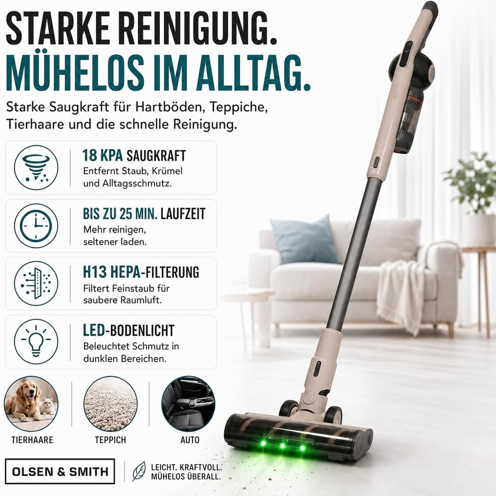 Olsen & Smith Selbstentleerender Akku Staubsauger – Leichter 5,3 kg Stiel- & Handstaubsauger, 18 kPa Saugkraft, 25 Min. Laufzeit, H13-HEPA-Filter, LED-Licht – Tierhaare, Auto & Teppich – Creme