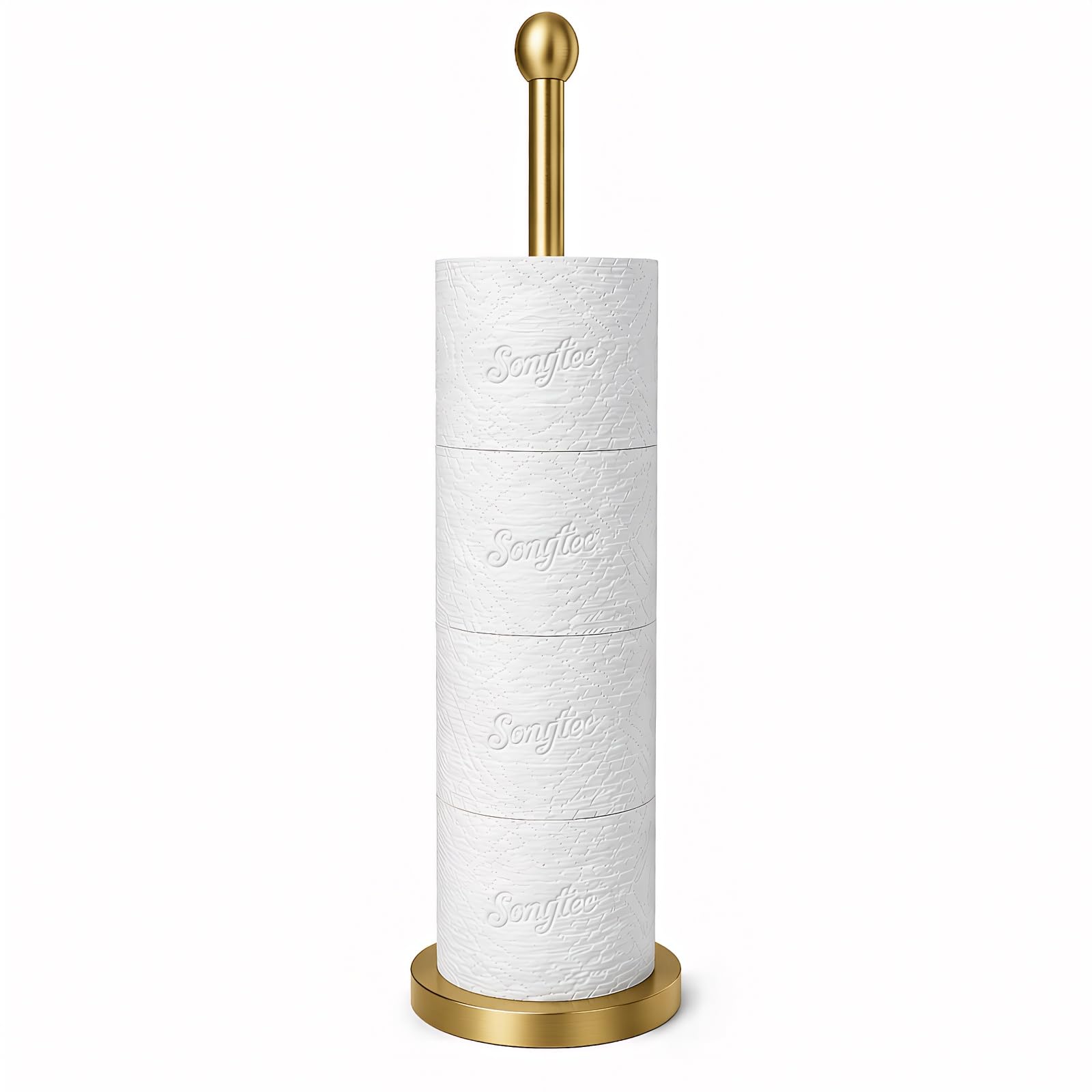 Songtec Support de Papier Toilette doré avec réserve, Support de Rouleau de Papier Toilette sur Pied pour 4 Rouleaux, Design Compact pour Salle de Bain – Doré