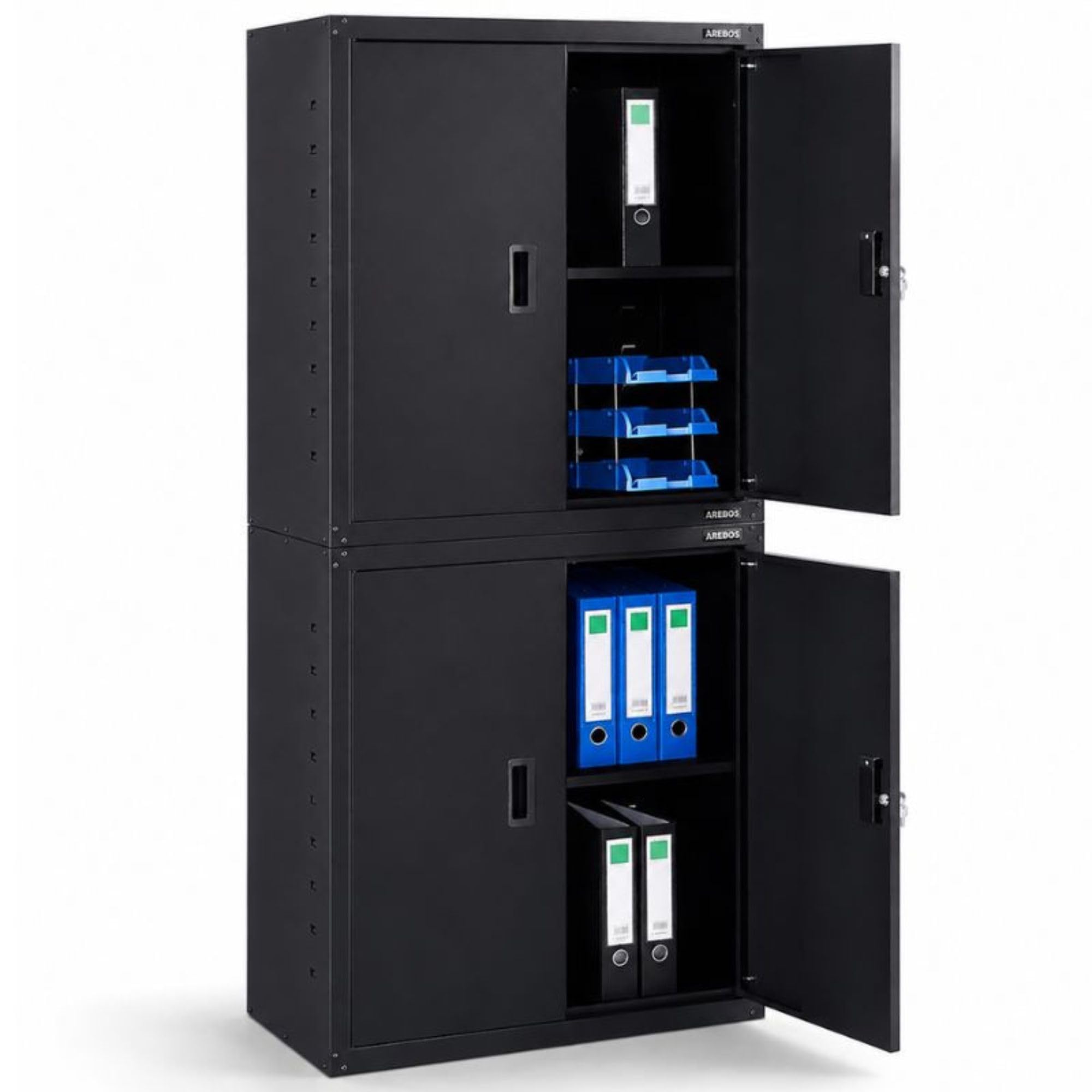 AREBOS Meuble de Bureau | Noir | 180 x 40 x 90 cm | 4 Portes | 2 étagères réglables en Hauteur | avec Serrure à Cylindre