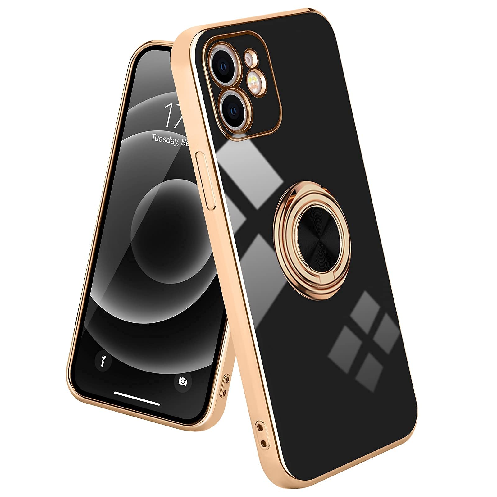 for iPhone 11 Phone Case with 360° Rotatable Finger Ring Holder Kickstand Magnetic Shiny Gold Plated Edge for Women Men Shockproof Soft TPU Protective Case Cover for iPhone 11 6.1 inch, Black