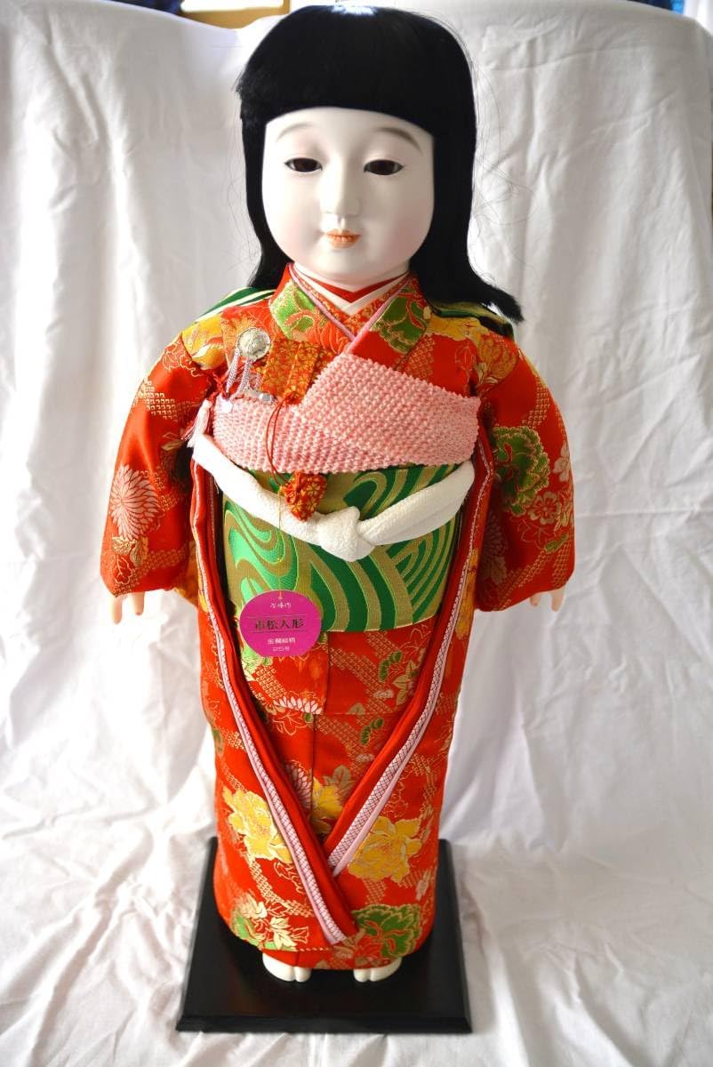 市松人形 明治期 三つ折れ ふいご 山桜 青縮緬着物 花柄 ガラス