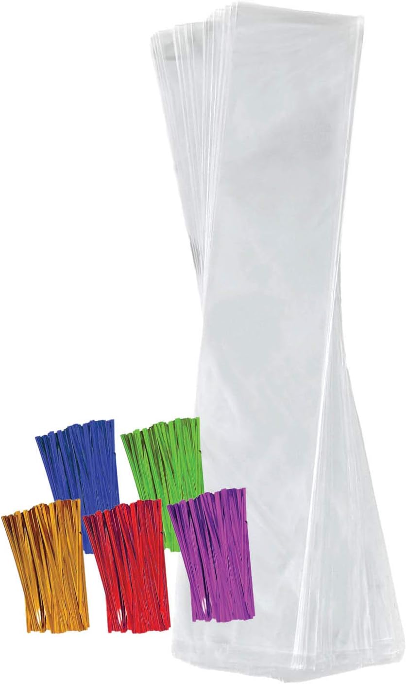 Purple Q Crafts Clear Plastic Cellophane Bags with 4" Colored Twist Ties for Gifts Party Favors (2"x10" 100 Pack)