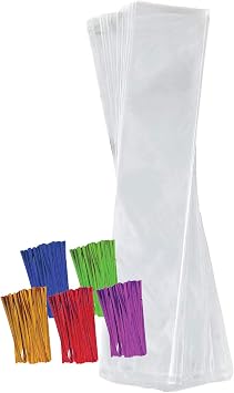 Purple Q Crafts Clear Plastic Cellophane Bags with 4" Colored Twist Ties for Gifts Party Favors 2"x10" 100 Pack
