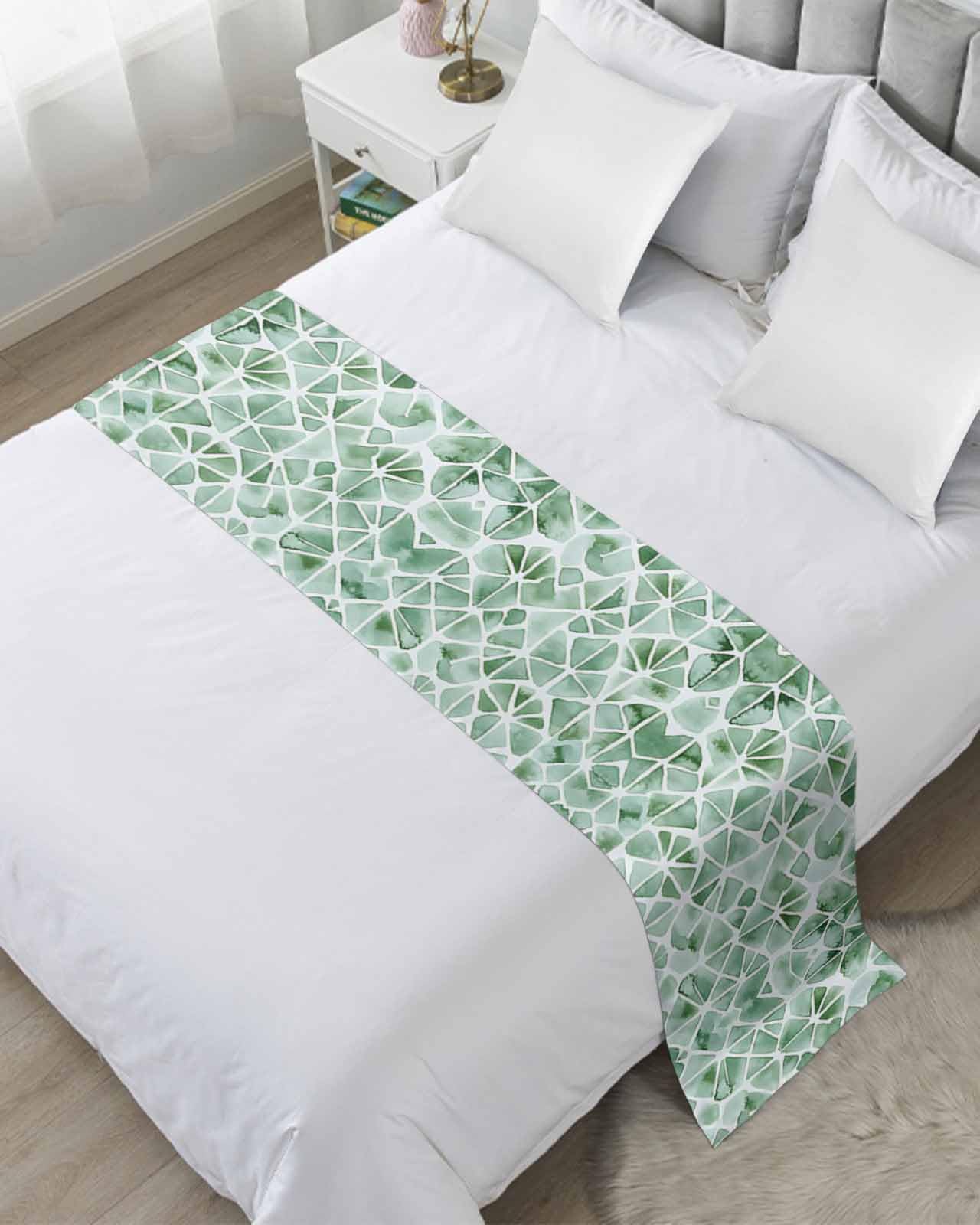 Green Botanical Bed Runner for Cal. King Size, Watercolor Color Block Art Geometric Bedspread Protector Slipcover Bed Scarf for Foot Runners & Scarves for Bedroom Hotel Wedding Room 94x20 Inches