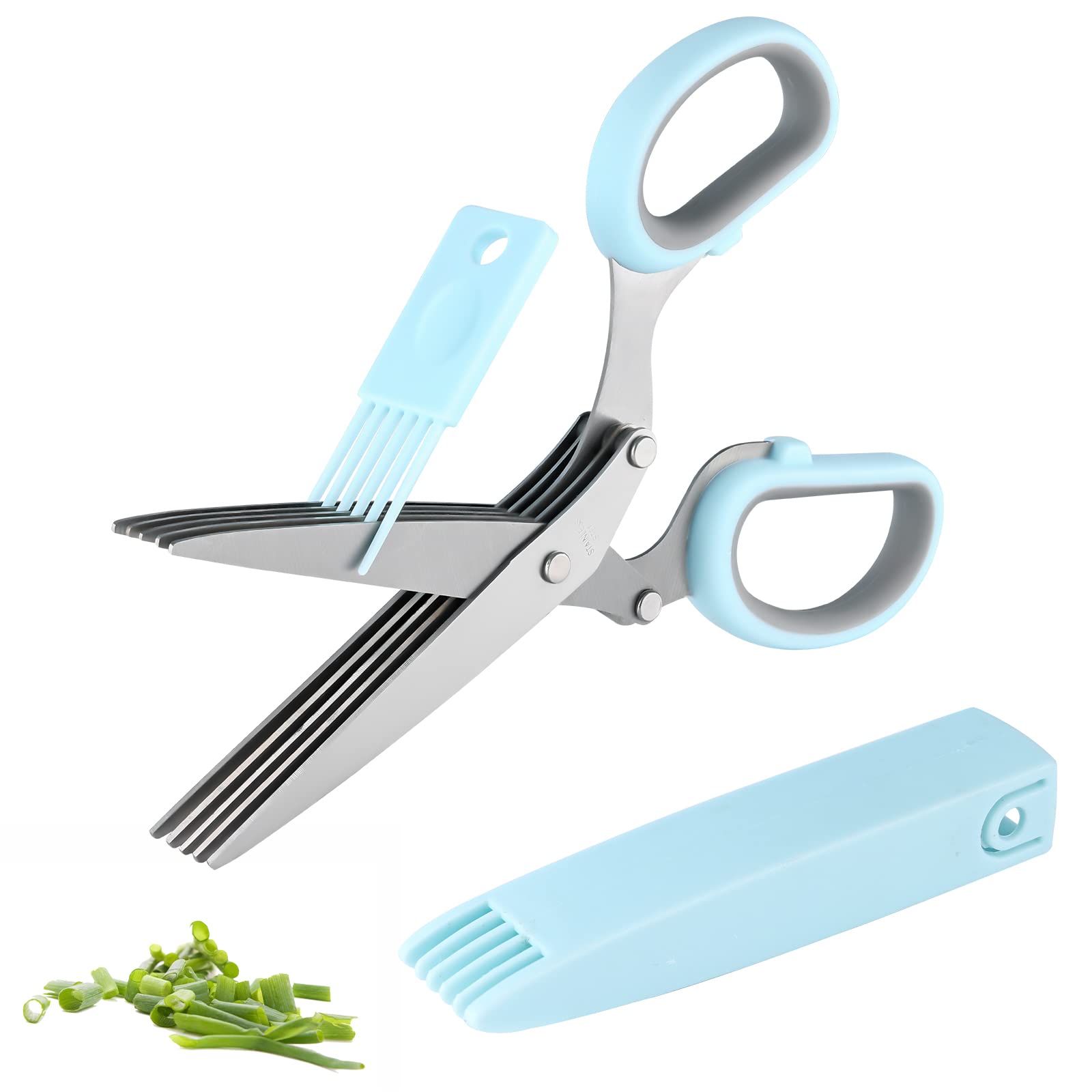 JoyoldelfGourmet Herb Scissors Set - Master Culinary Multipurpose Cutting Shears with Stainless Steel 5 Blades, Safety Cover and Cleaning Comb for Cutting Cilantro Onion Salad (blue-grey)