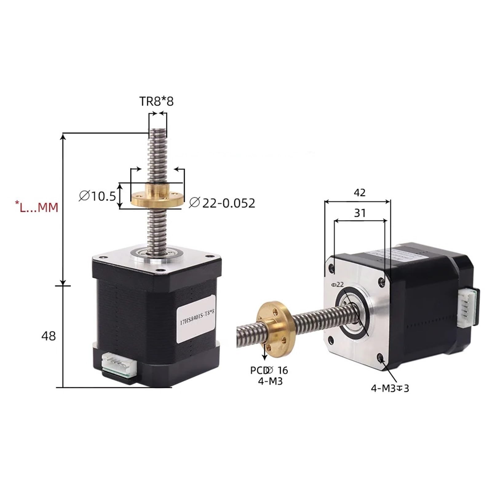 Schrittmotor 17HS8401S-T8 Blei Nema17 Schraubenmotor 2/4/8 mm 310 mm 3D-Druckmotor Mühlenschnitt-Graviermaschine(17HS8401S-T8x8-400mm)