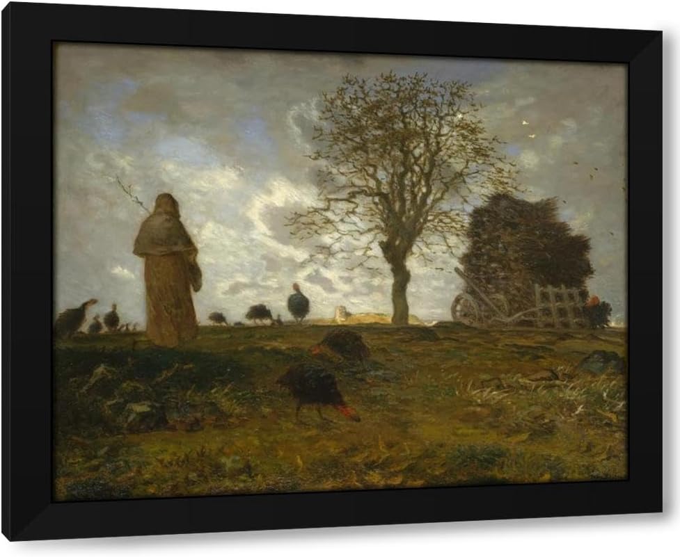 Jean-François Millet 18x15 Black Modern Framed Art Print Titled: Autumn Landscape with a Flock of Turkeys (1872-73)