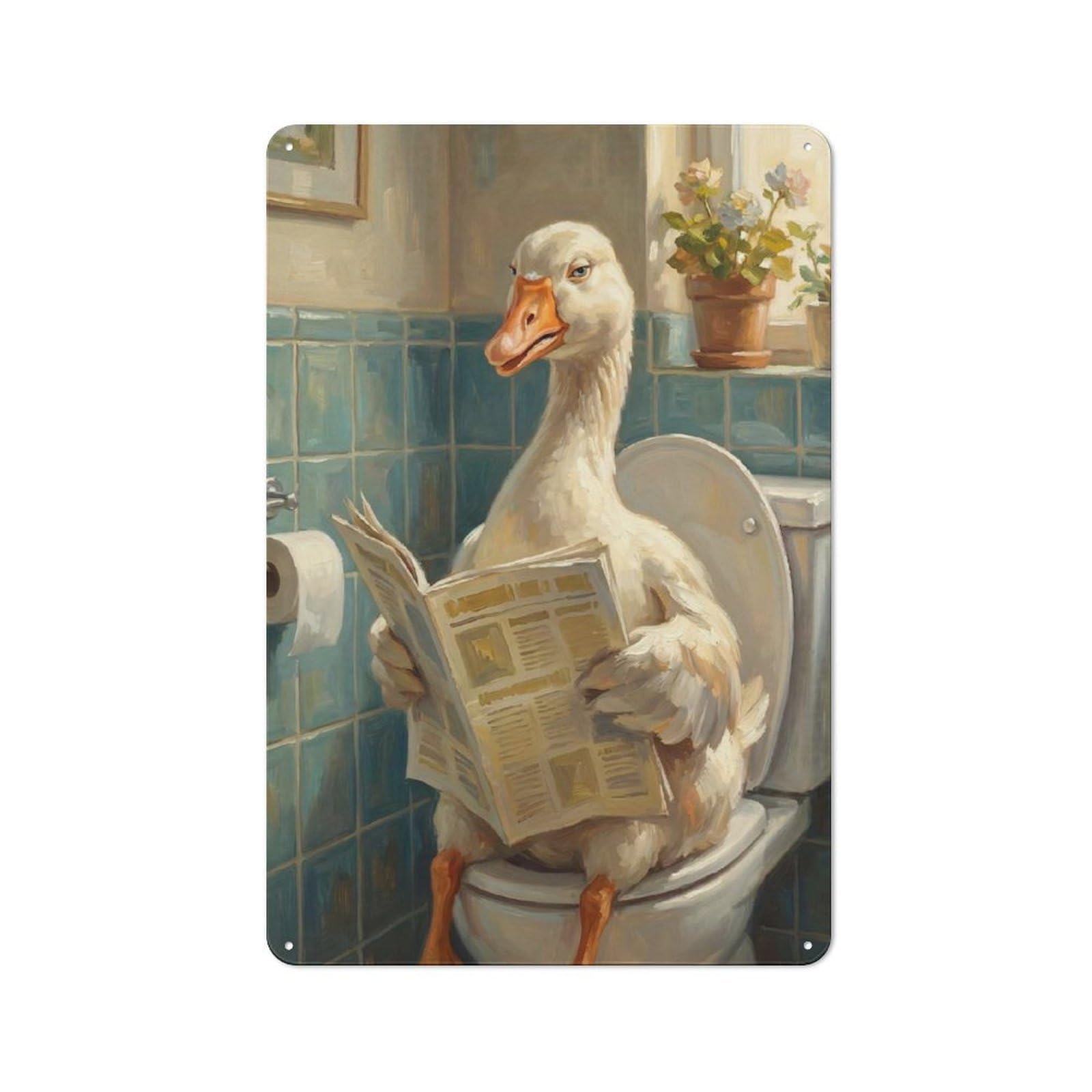 Junmoney Style-4 Garage Style Goose Reading Newspaper On Toilet Decorative Metal Plaque 30X20cm, Garage Wall Decor For Workshop, Basement, Shed Or Games Room