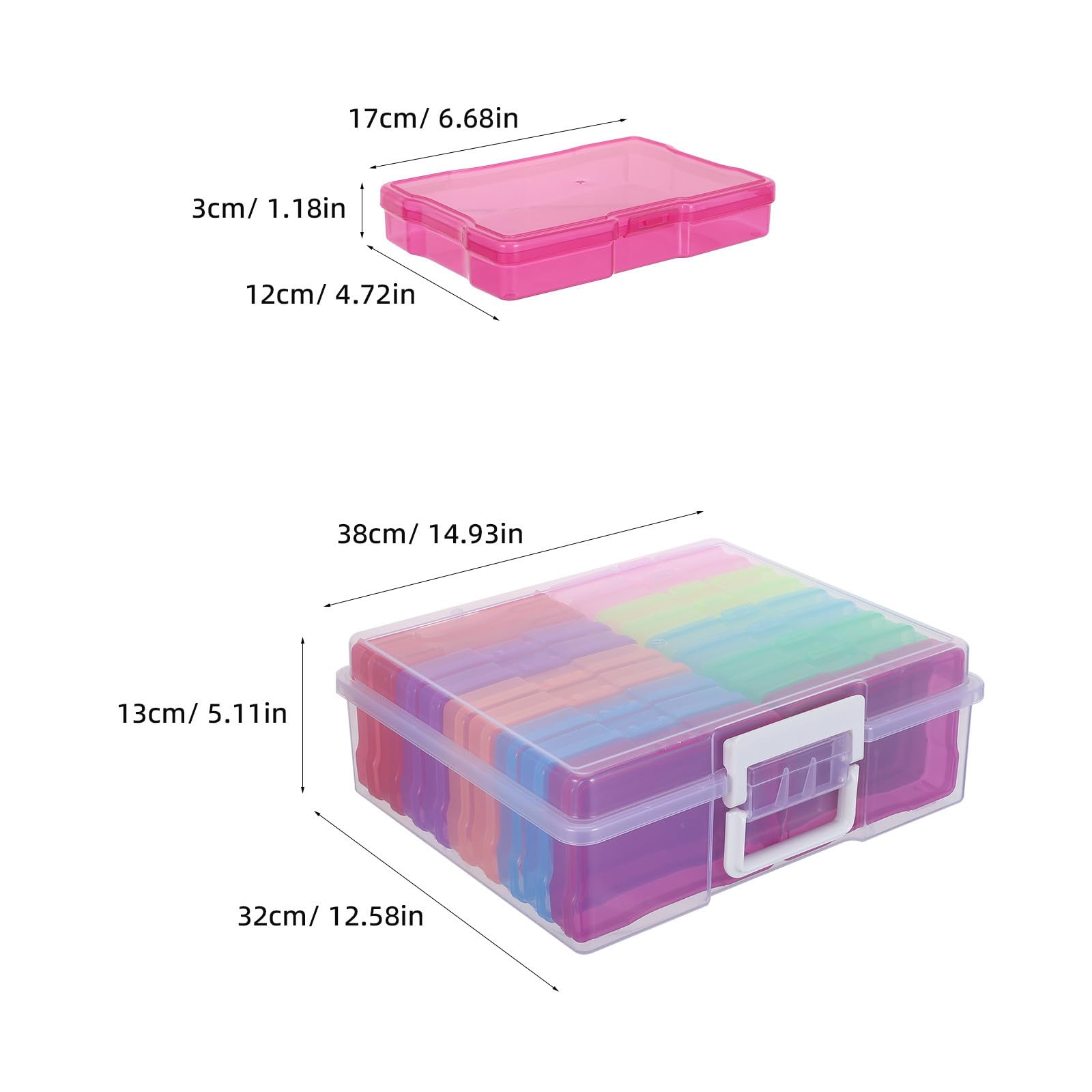 Generisch Transparente Fotoaufbewahrungsbox aus Kunststoff mit 18 Farbigen Innentaschen und Griff Leichter Organizer für Karten und Bastelbedarf für Zuhause und Büro