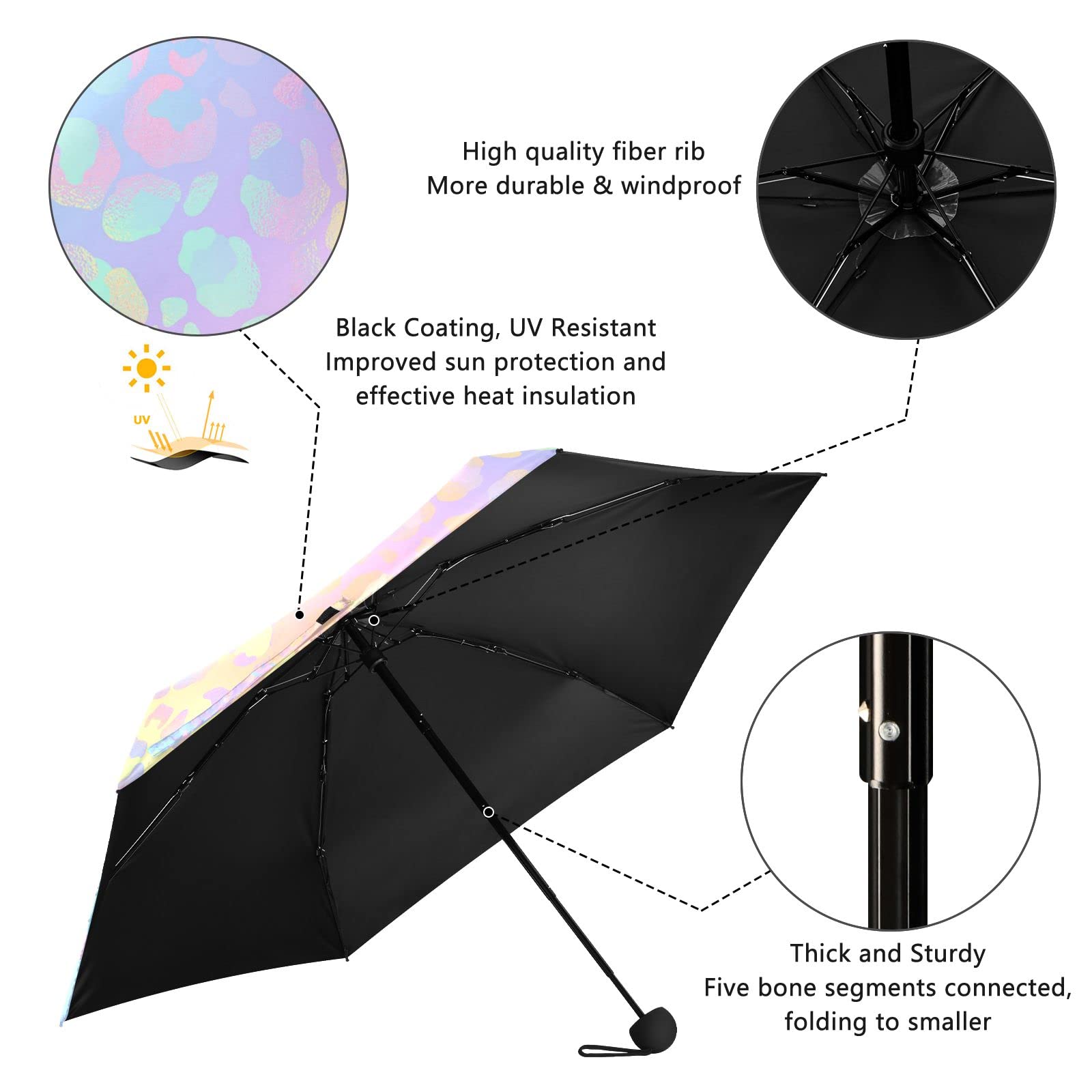 ALAZA Paraguas plegable con estampado de leopardo arcoíris y guepardo de oro rosa para lluvia, sol, viajes, mini paraguas compactos ligeros