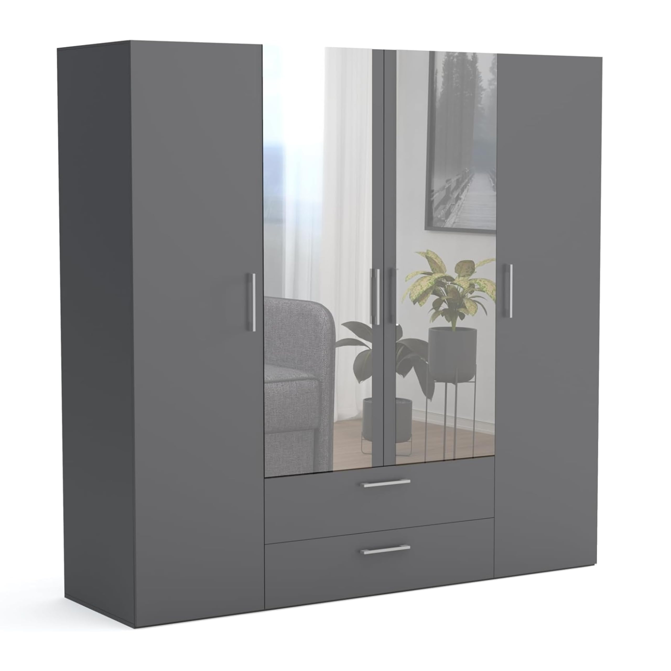 Brent - Kleiderschrank mit Spiegel, Garderobenschrank (BxHxT) 200x200x60 cm, Schrank mit Türen, Schlafzimmerschrank mit Regalen - Grau