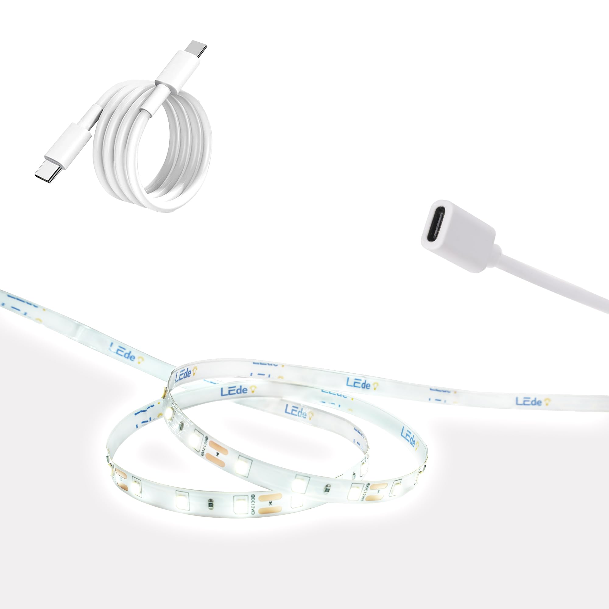 Taśma świetlna LED 5 m, 12 V, zimna biel, USB C, zasilana przez typ C, elastyczna taśma LED, zasilane przez USB, do sypialni, szafki, lustra, kabel USB-C o długości 0,3 m, w zestawie