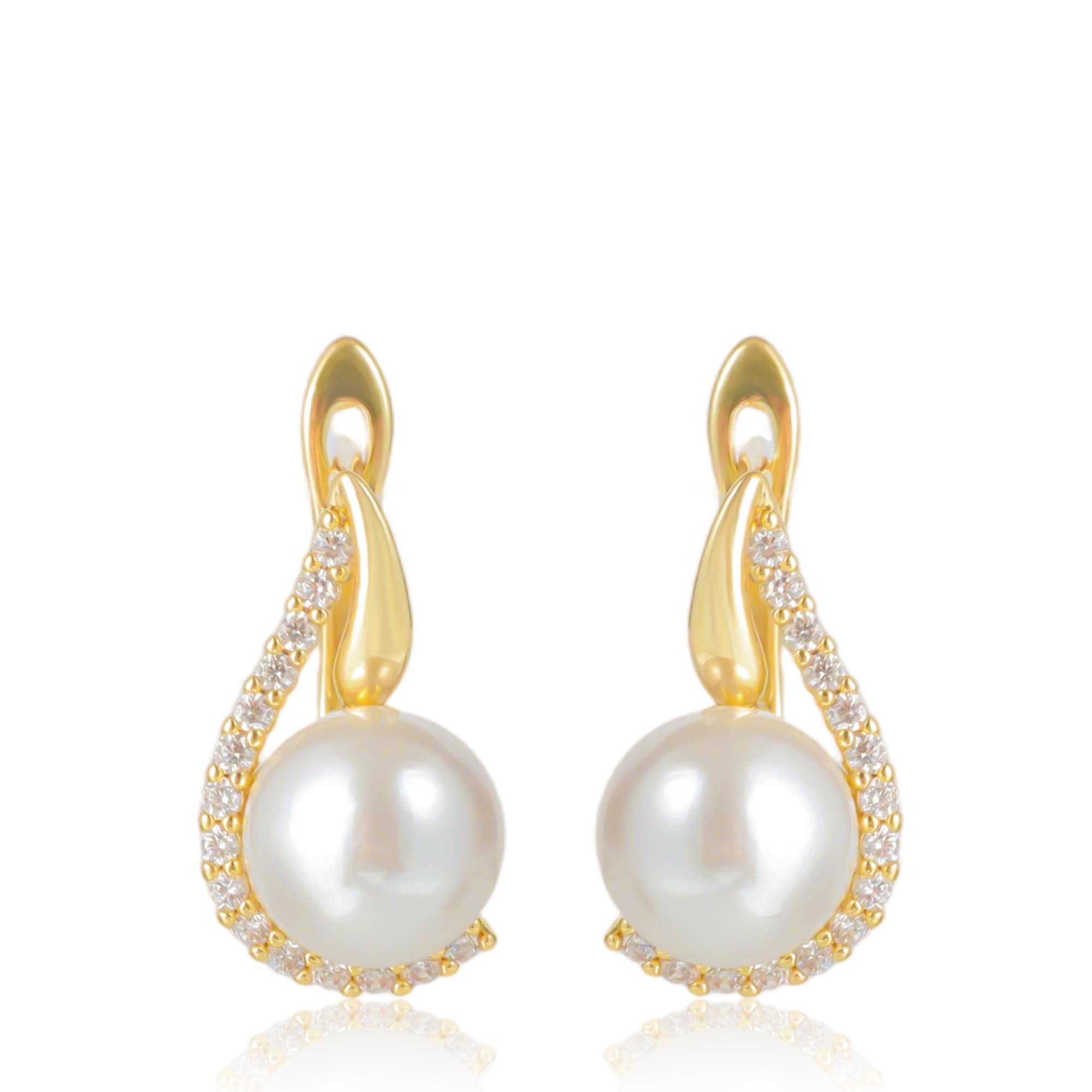 Ladies Pearl Earrings - 14K Gold Plated Pearl Drop-Style Fashionable Earrings - Wedding Jewelry - Suitable for Women