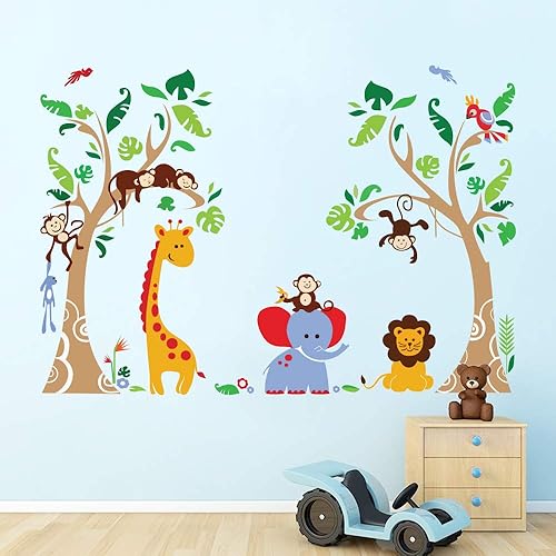 Miniatura 3 de Runtoo Calcomanías de pared de árbol de animales de la selva para guardería, dormitorio de bebé, niños, mono, jirafa, elefante, calcomanías de pared