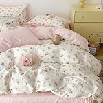 Nayoroom Pink Floral Duvet Cover Queen Size White Green Botanical Leaf Reversible Cottagecore Bedding 3 Pcs Soft Breathable Aesthetic Spring Comforter Cover Gift for Women Girls