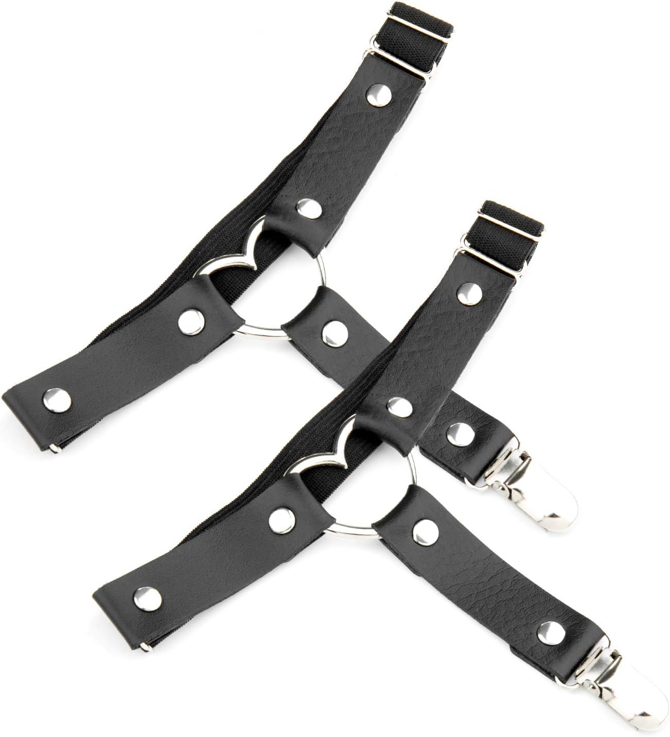 Gothic Heart Garters Leg Ring,Comius Sharp 2 PCS Punk Harness Adjustable Suspender,Women Girl Leather ,Rock Style Anti-Slip Clips Elastic，with Metal Clips Cosplay Costumes Cool - [Black]