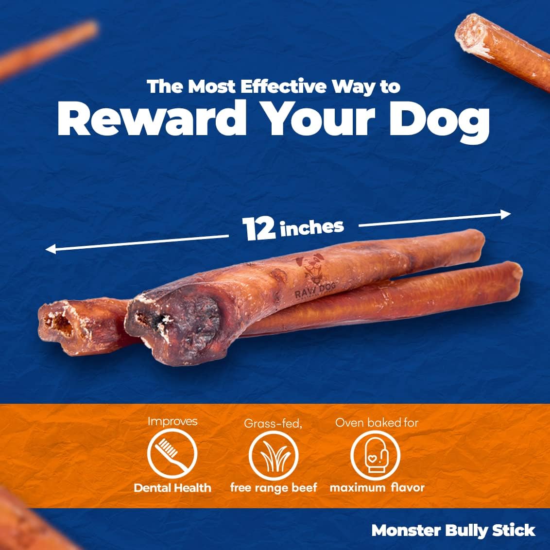Raw Dog Bully Sticks All-Natural Dog Treats, 12 inch Monster Size, 3 pk, 100% Beef, Grass Fed, Non-GMO, Premium Odor Free Dog Chews, Bully Sticks for Large Dogs & Medium Dogs