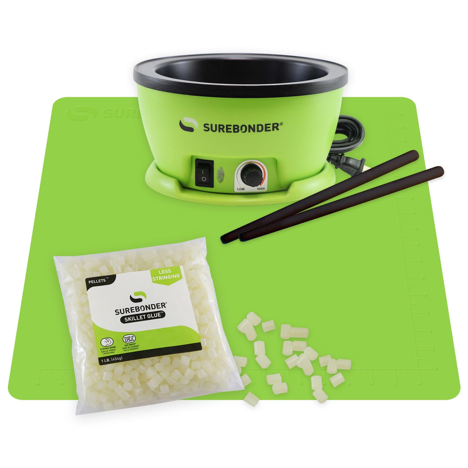 Surebonder Set di padelle per colla a caldo con vasetto di colla verde, 0,5 kg di pellet di colla a caldo, 2 bastoncini antiaderenti e un tappetino protettivo in silicone antiaderente da 48,3 x 48,3
