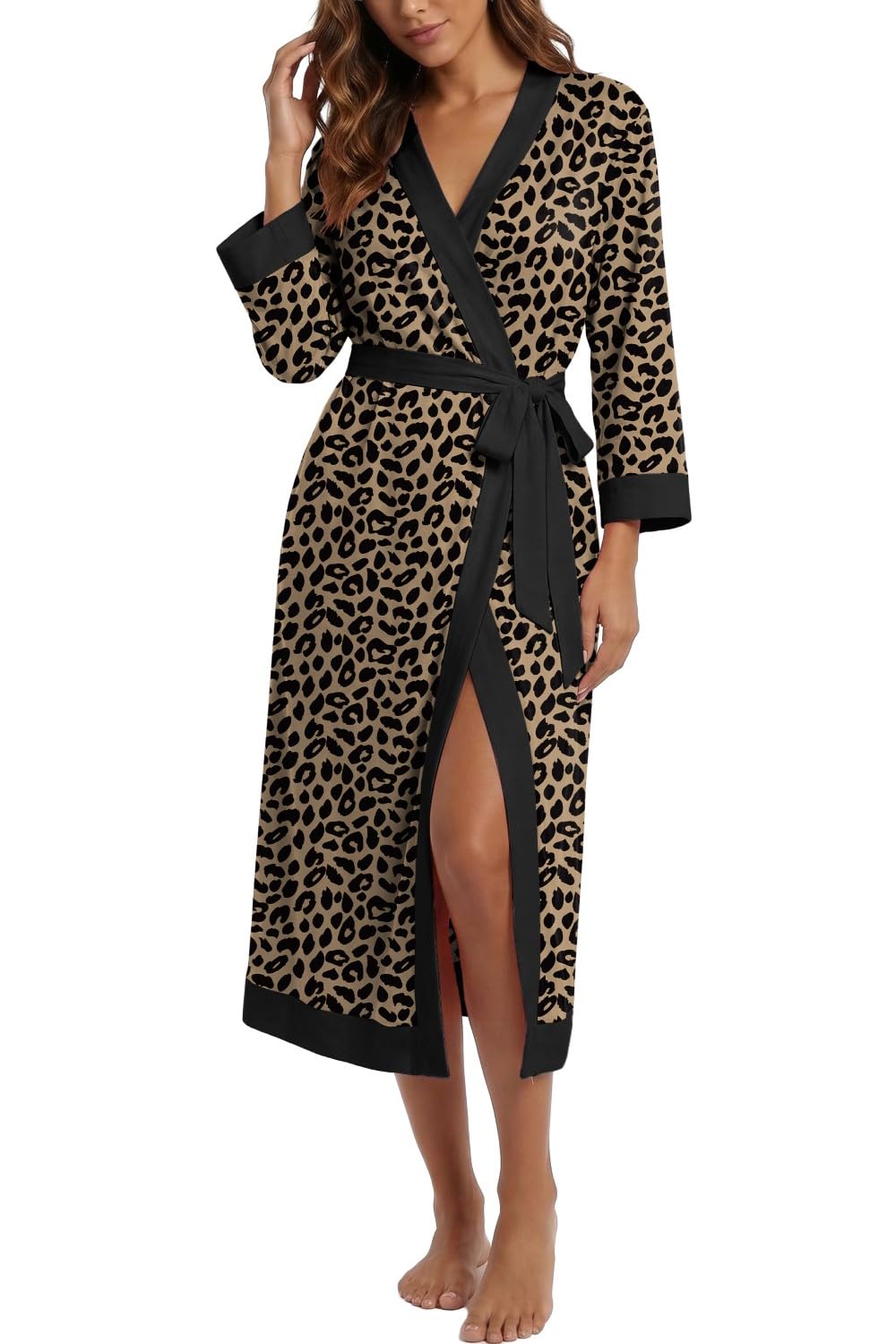 PrinStory Accappatoio da donna, lungo, maniche a 3/4, vestaglia leggera, con scollo a V, kimono