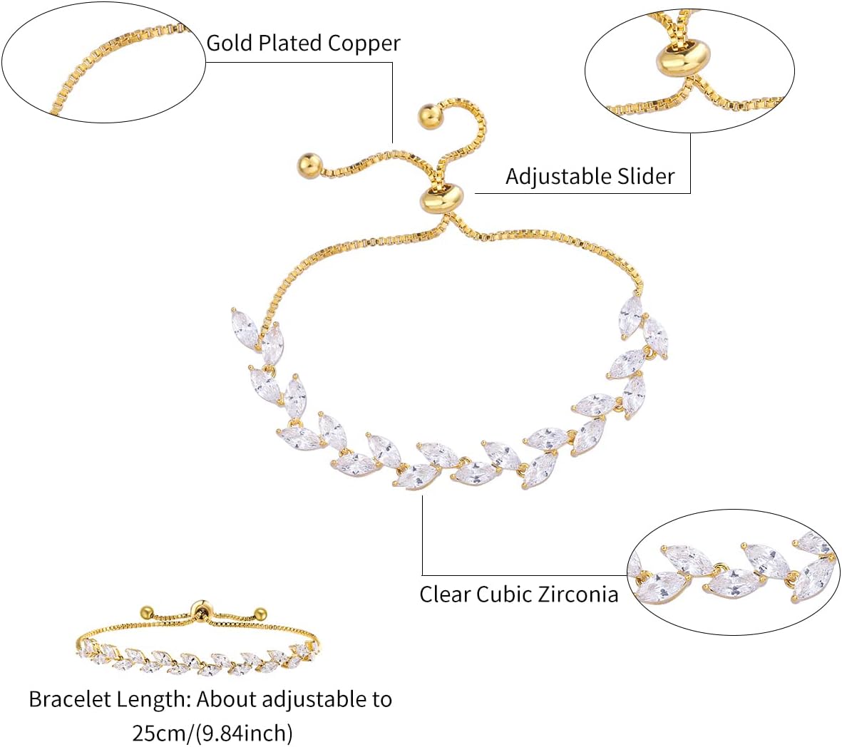 Adjustable Bridal Wedding Tennis Bracelets for Women, Marquise Teardrop Cubic Zirconia Jewelry Chain Bracelet for Party Prom - Image 2