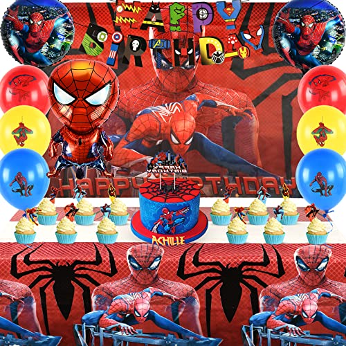 37 Stück Spider Geburtstag Deko Set, Spider Kindergeburtstag Deko, Spider Party Set, Spider Party Deko, Happy Birthday Banner, Latex & Folie Luftballon,Cake Toppers, Tischdecken, Hintergrund Cover