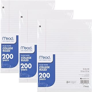 Mead Papel de folha solta, pacote com 3, papel para caderno, papel de enchimento pautado universitário, padrão, 8 x 10,5, 200 folhas por pacote (73185) pacote com 3, branco