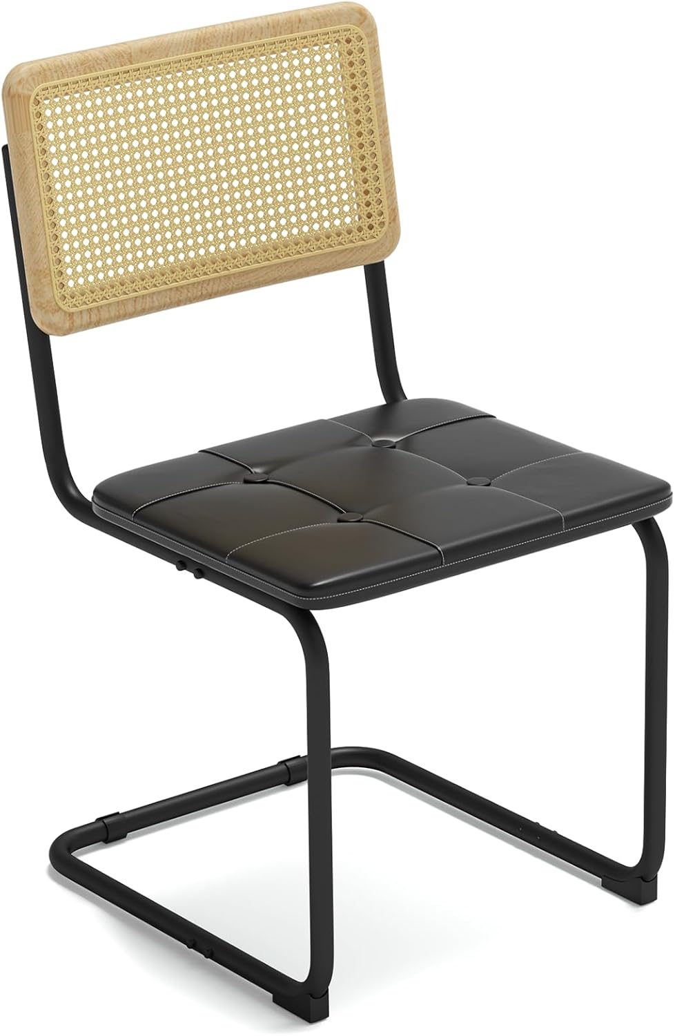 Rattan Dining Chair, Modern 400lbs Heavy Duty Chair with Genuine Leather Padded Seat and Rattan Woven Backrest, Sturdy Metal Frame Upholstered Chair for Dining Room, Restaurant or Living Room,Black Black 1PC-Dining Chair