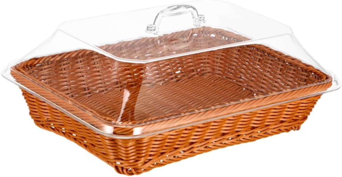 HEMOTON Hand-woven Rattan Bread Basket with Lid Rectangle Woven Fruit and Vegetable Storage Basket Multipurpose Household Picnic Serving 40x30x15cm Brown